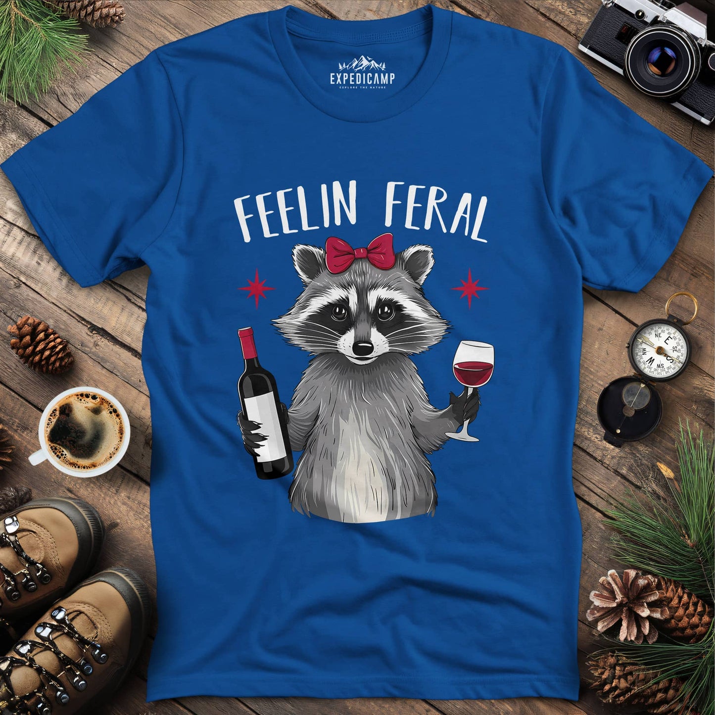 Funny Feelin Feral Raccoon T-Shirt – Royal – Outdoor apparel for travel, hiking, camping, and nature lovers – ExpediCamp