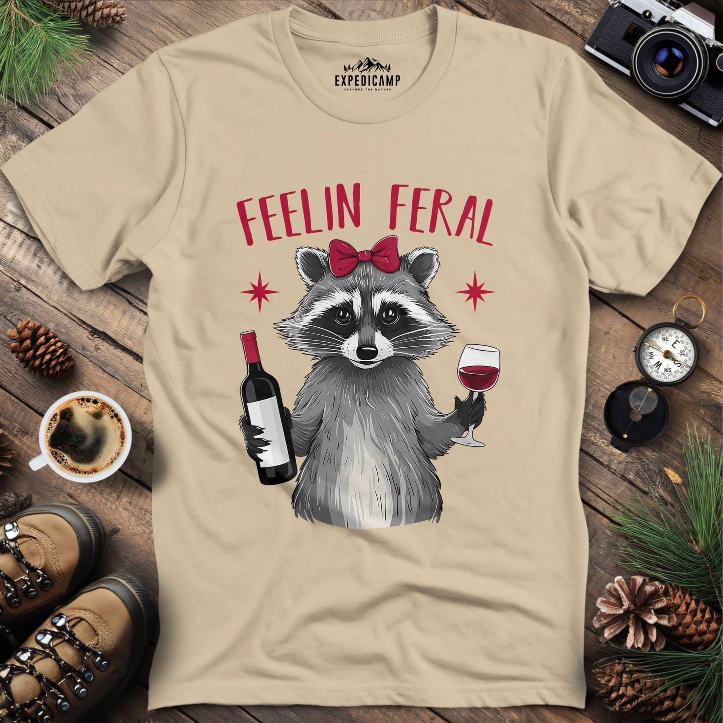 Funny Feelin Feral Raccoon T-Shirt – Sand – Outdoor apparel for travel, hiking, camping, and nature lovers – ExpediCamp