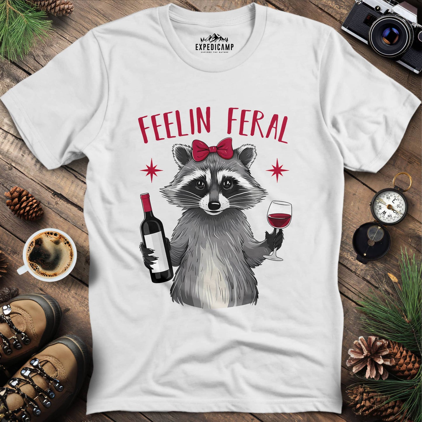 Funny Feelin Feral Raccoon T-Shirt – White – Outdoor apparel for travel, hiking, camping, and nature lovers – ExpediCamp