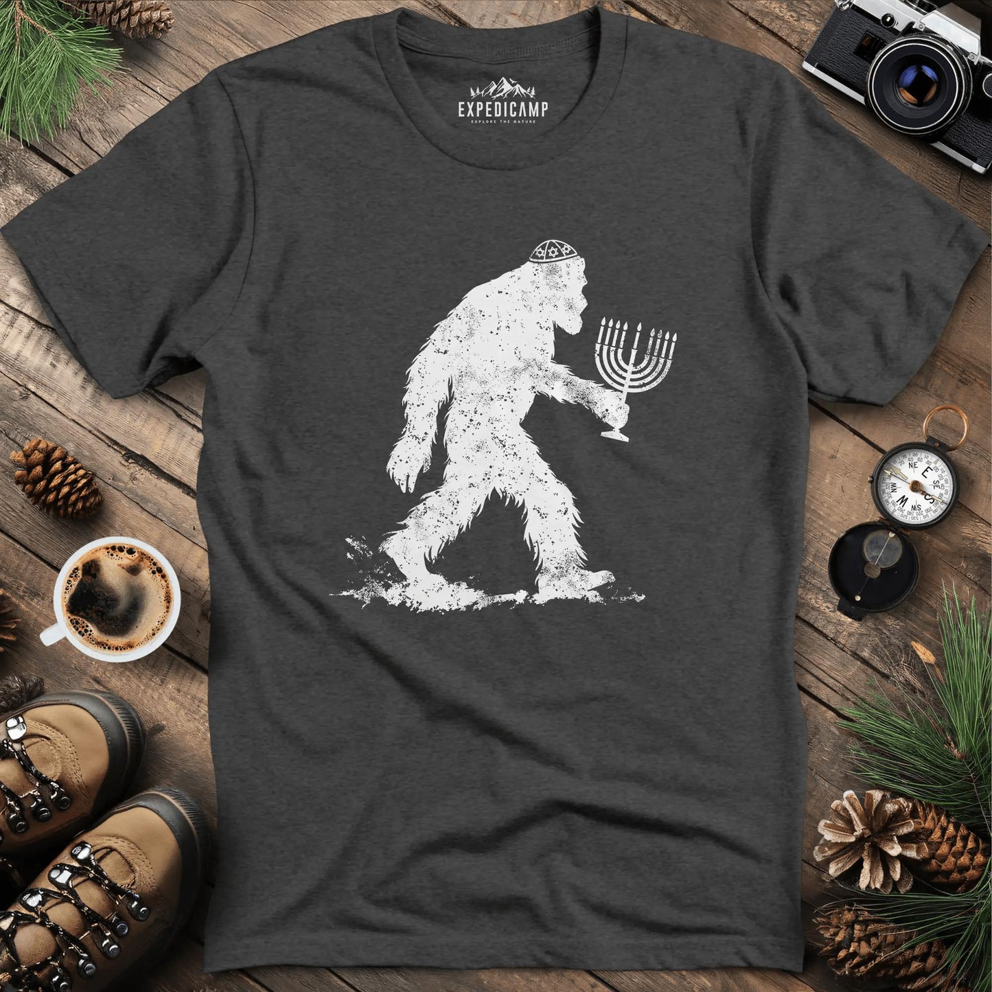 Funny Hanukkah Jewish Bigfoot Menorah T-Shirt – Dark Heather – Outdoor apparel for travel, hiking, camping, and nature lovers – ExpediCamp