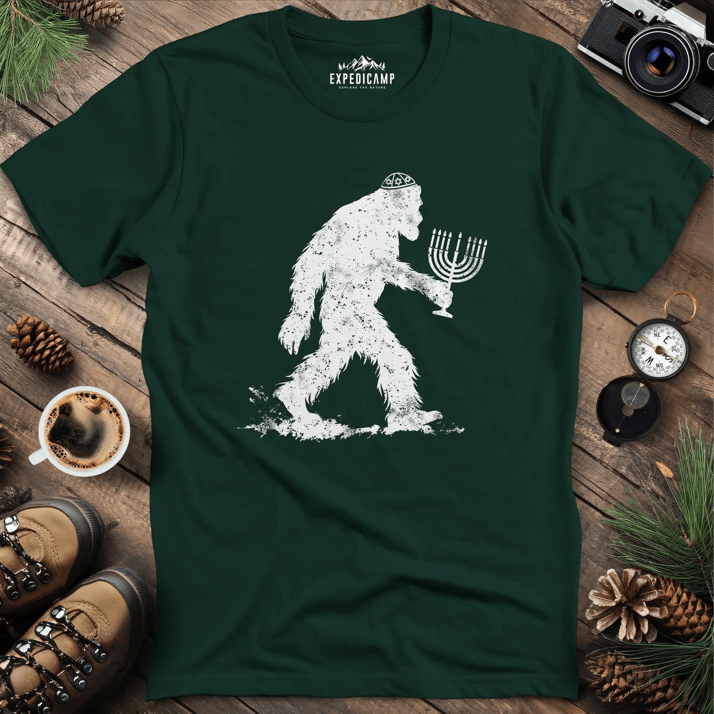 Funny Hanukkah Jewish Bigfoot Menorah T-Shirt – Forest Green – Outdoor apparel for travel, hiking, camping, and nature lovers – ExpediCamp