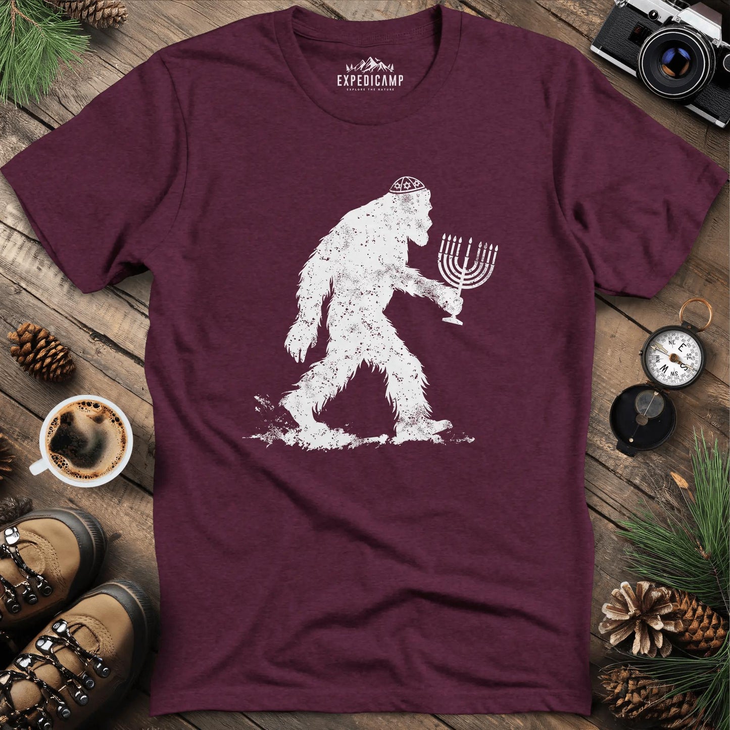 Funny Hanukkah Jewish Bigfoot Menorah T-Shirt – Heather Maroon – Outdoor apparel for travel, hiking, camping, and nature lovers – ExpediCamp