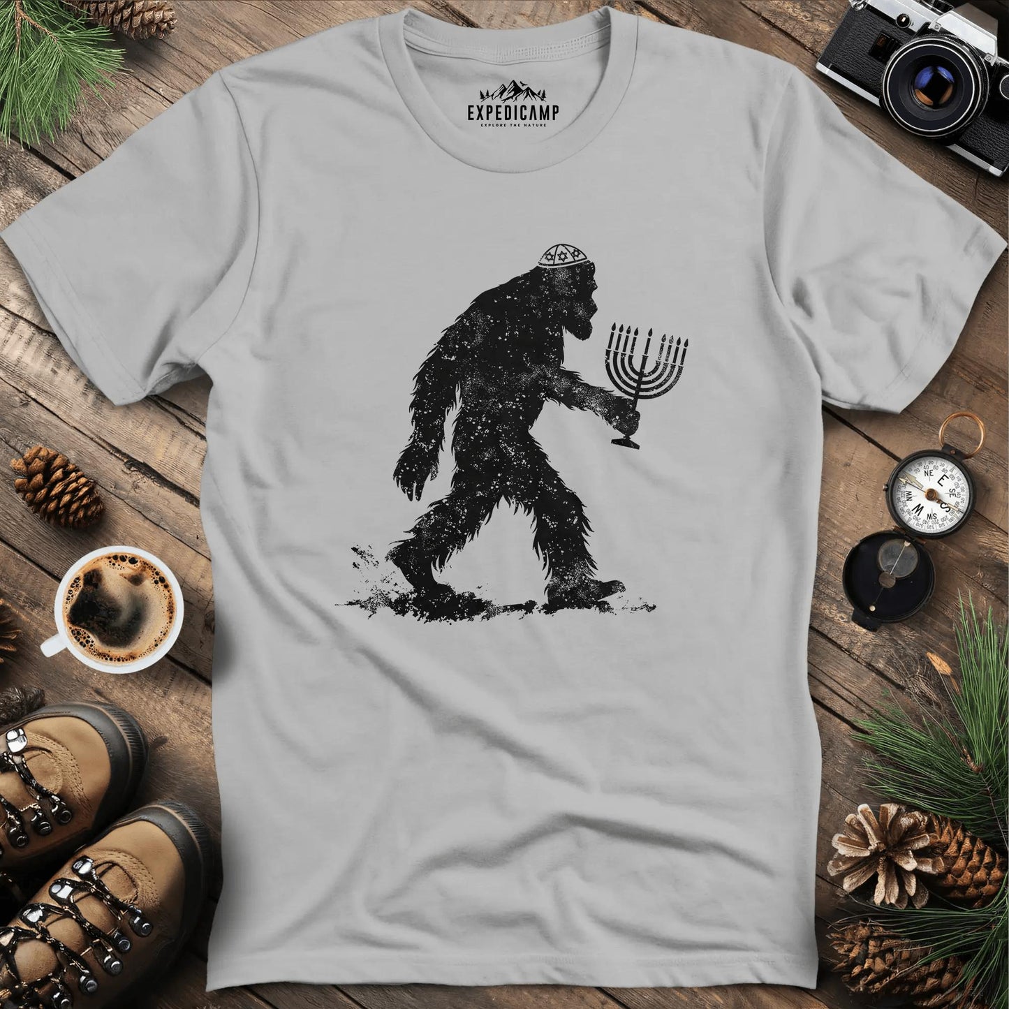 Funny Hanukkah Jewish Bigfoot Menorah T-Shirt – Ice Grey – Outdoor apparel for travel, hiking, camping, and nature lovers – ExpediCamp