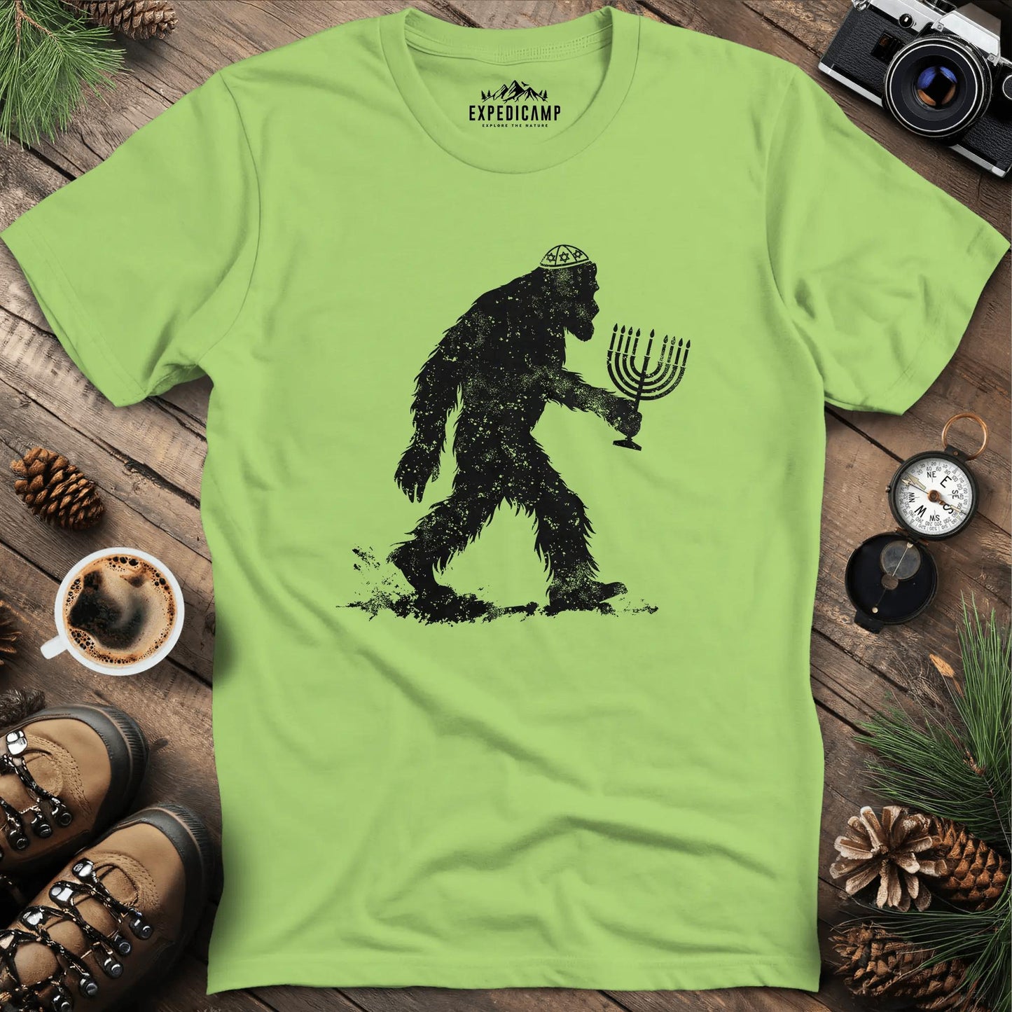 Funny Hanukkah Jewish Bigfoot Menorah T-Shirt – Kiwi – Outdoor apparel for travel, hiking, camping, and nature lovers – ExpediCamp