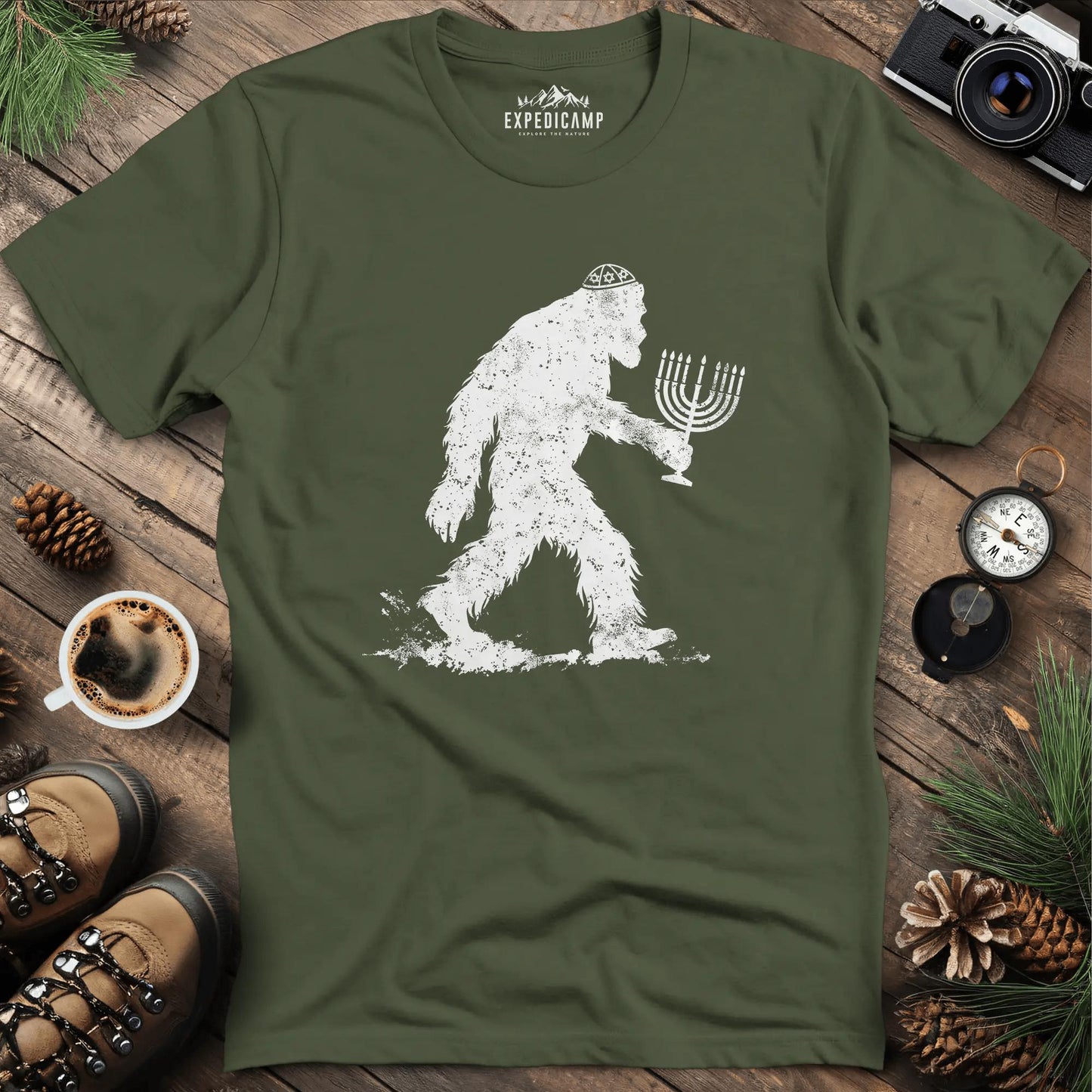 Funny Hanukkah Jewish Bigfoot Menorah T-Shirt – Military Green – Outdoor apparel for travel, hiking, camping, and nature lovers – ExpediCamp