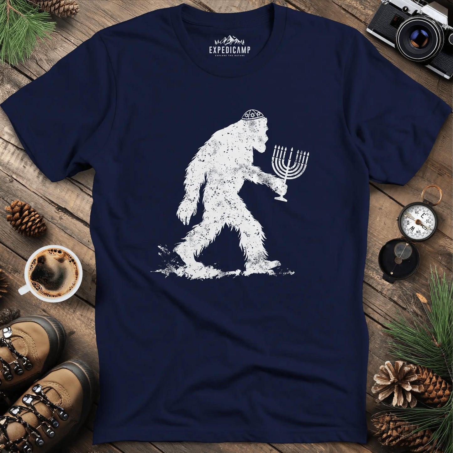 Funny Hanukkah Jewish Bigfoot Menorah T-Shirt – Navy – Outdoor apparel for travel, hiking, camping, and nature lovers – ExpediCamp