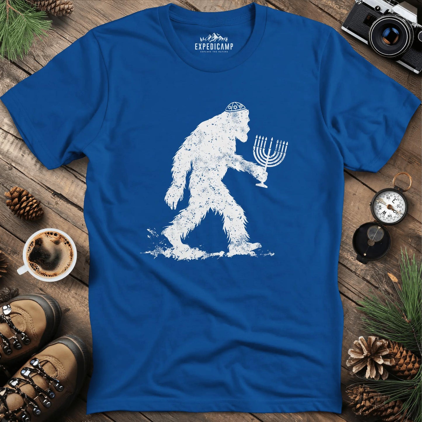 Funny Hanukkah Jewish Bigfoot Menorah T-Shirt – Royal – Outdoor apparel for travel, hiking, camping, and nature lovers – ExpediCamp