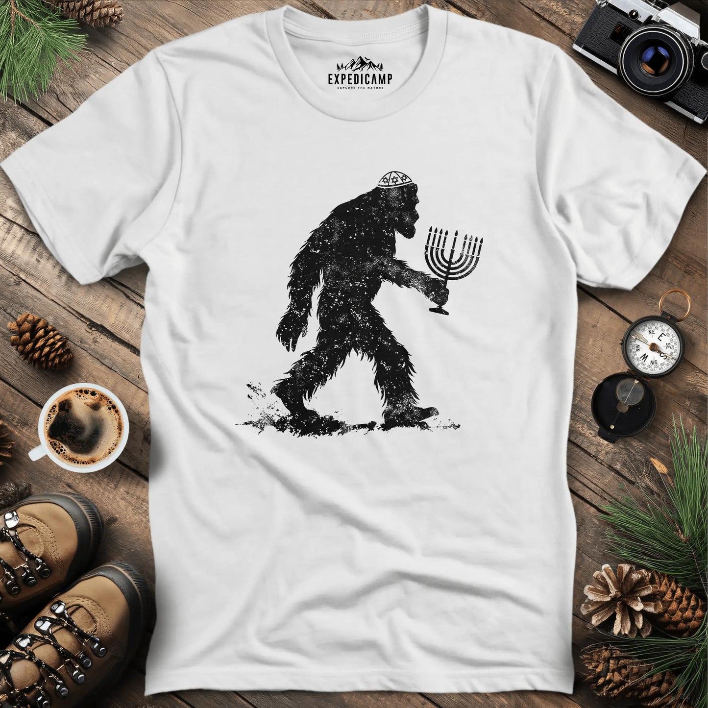 Funny Hanukkah Jewish Bigfoot Menorah T-Shirt – White – Outdoor apparel for travel, hiking, camping, and nature lovers – ExpediCamp