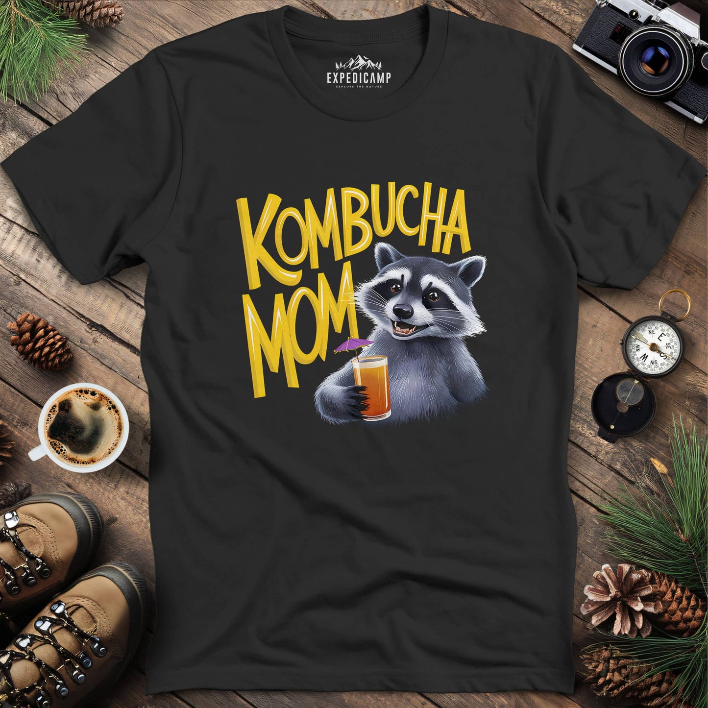 Funny Raccoon Kombucha Mom T-Shirt – Black – Outdoor apparel for travel, hiking, camping, and nature lovers – ExpediCamp