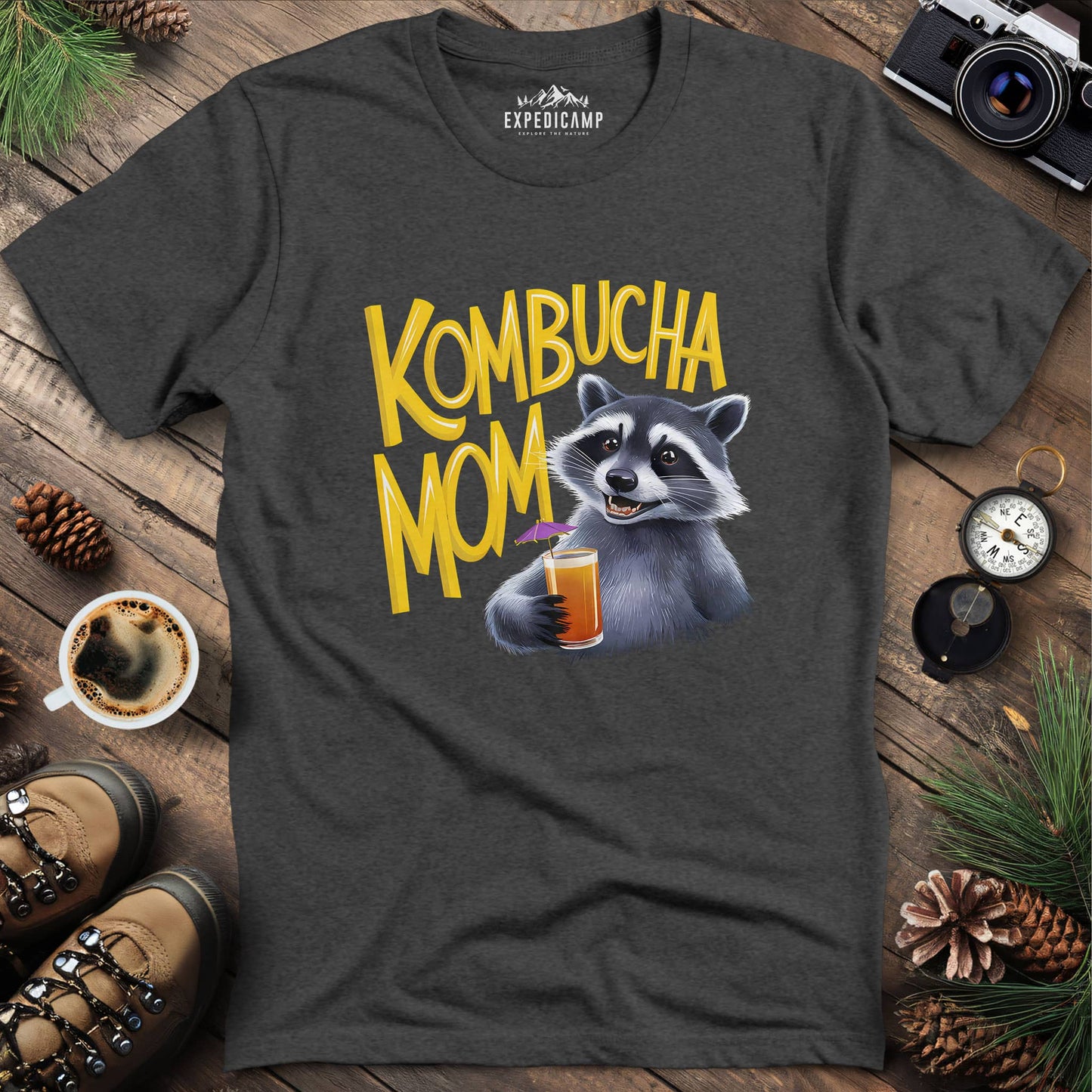 Funny Raccoon Kombucha Mom T-Shirt – Dark Heather – Outdoor apparel for travel, hiking, camping, and nature lovers – ExpediCamp