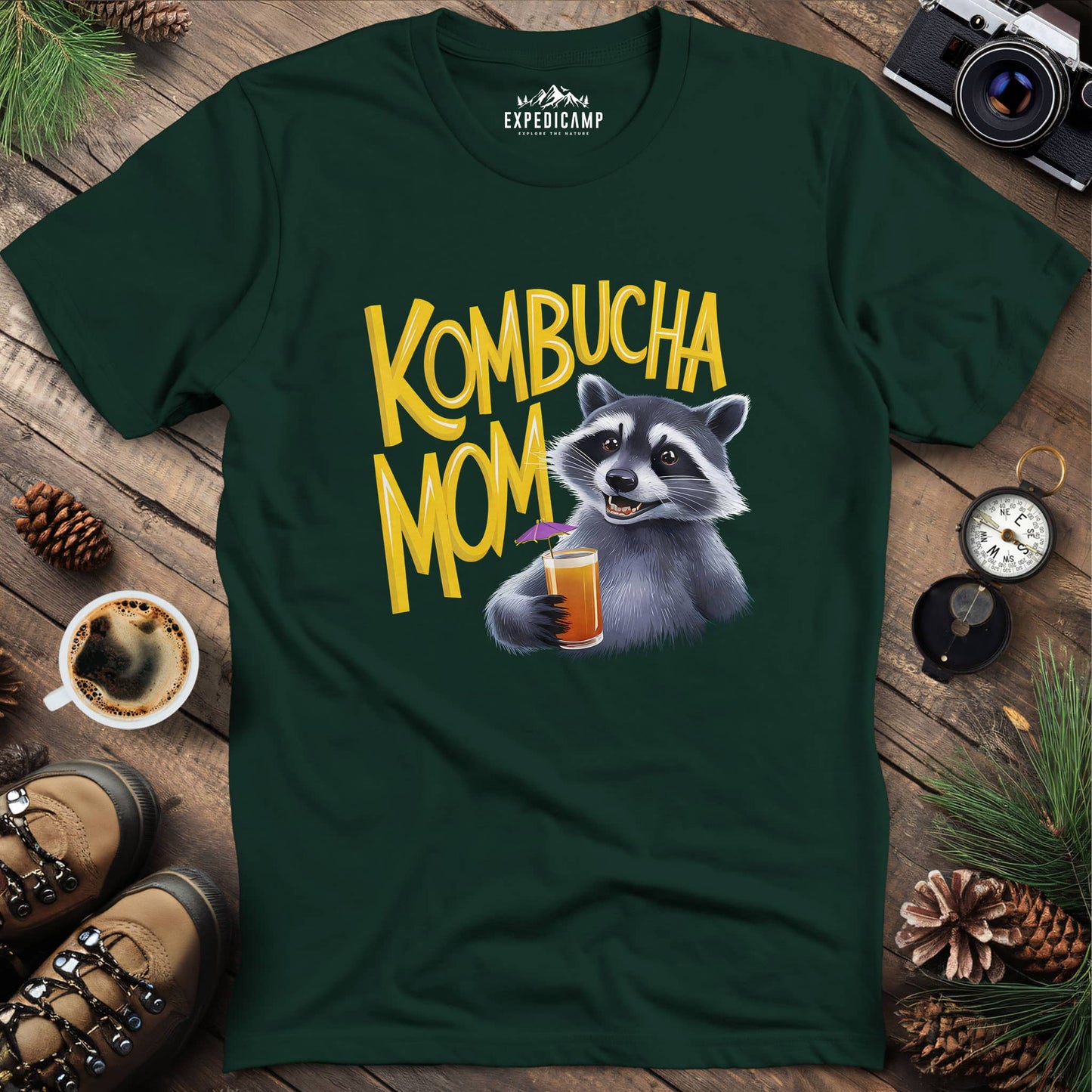 Funny Raccoon Kombucha Mom T-Shirt – Forest Green – Outdoor apparel for travel, hiking, camping, and nature lovers – ExpediCamp