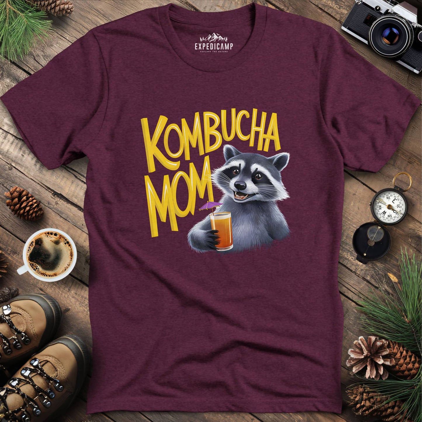 Funny Raccoon Kombucha Mom T-Shirt – Heather Maroon – Outdoor apparel for travel, hiking, camping, and nature lovers – ExpediCamp