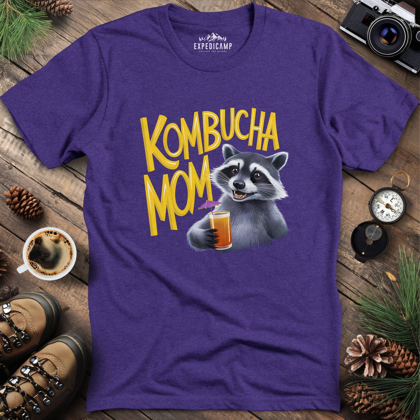 Funny Raccoon Kombucha Mom T-Shirt – Heather Purple – Outdoor apparel for travel, hiking, camping, and nature lovers – ExpediCamp