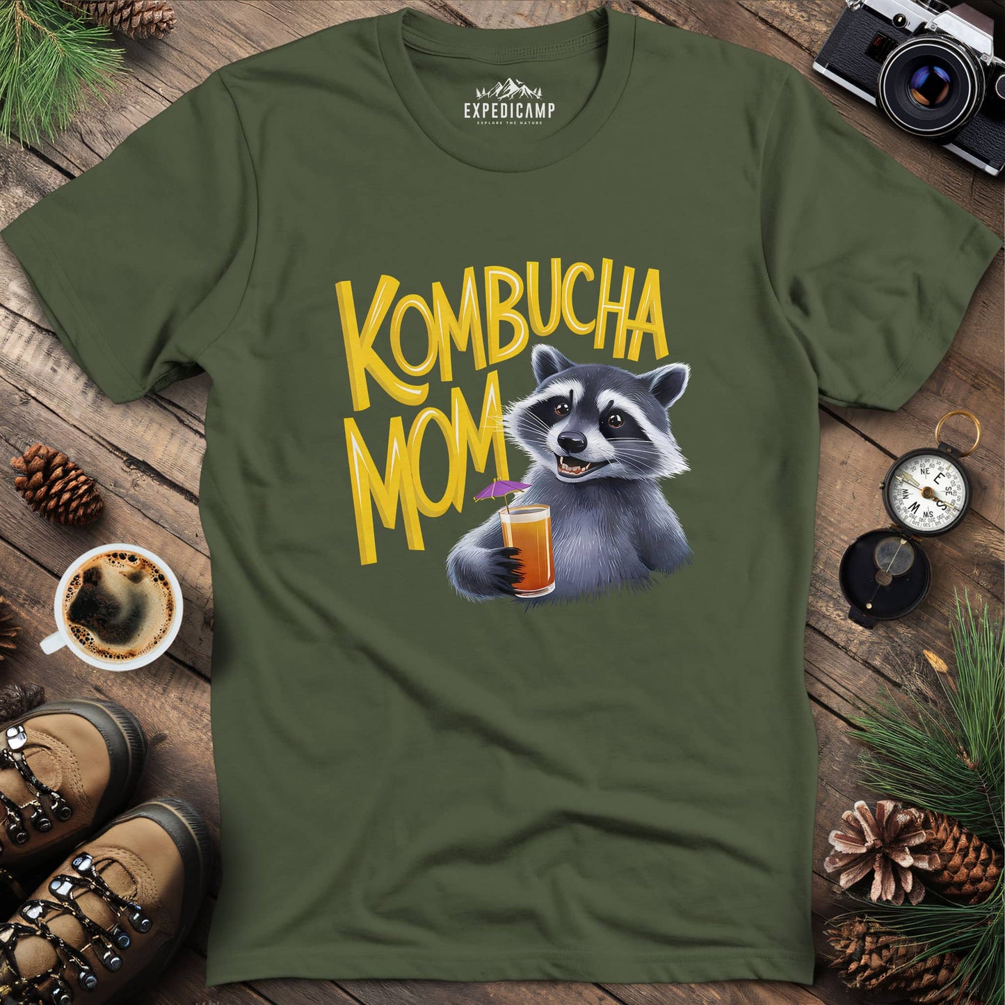 Funny Raccoon Kombucha Mom T-Shirt – Military Green – Outdoor apparel for travel, hiking, camping, and nature lovers – ExpediCamp