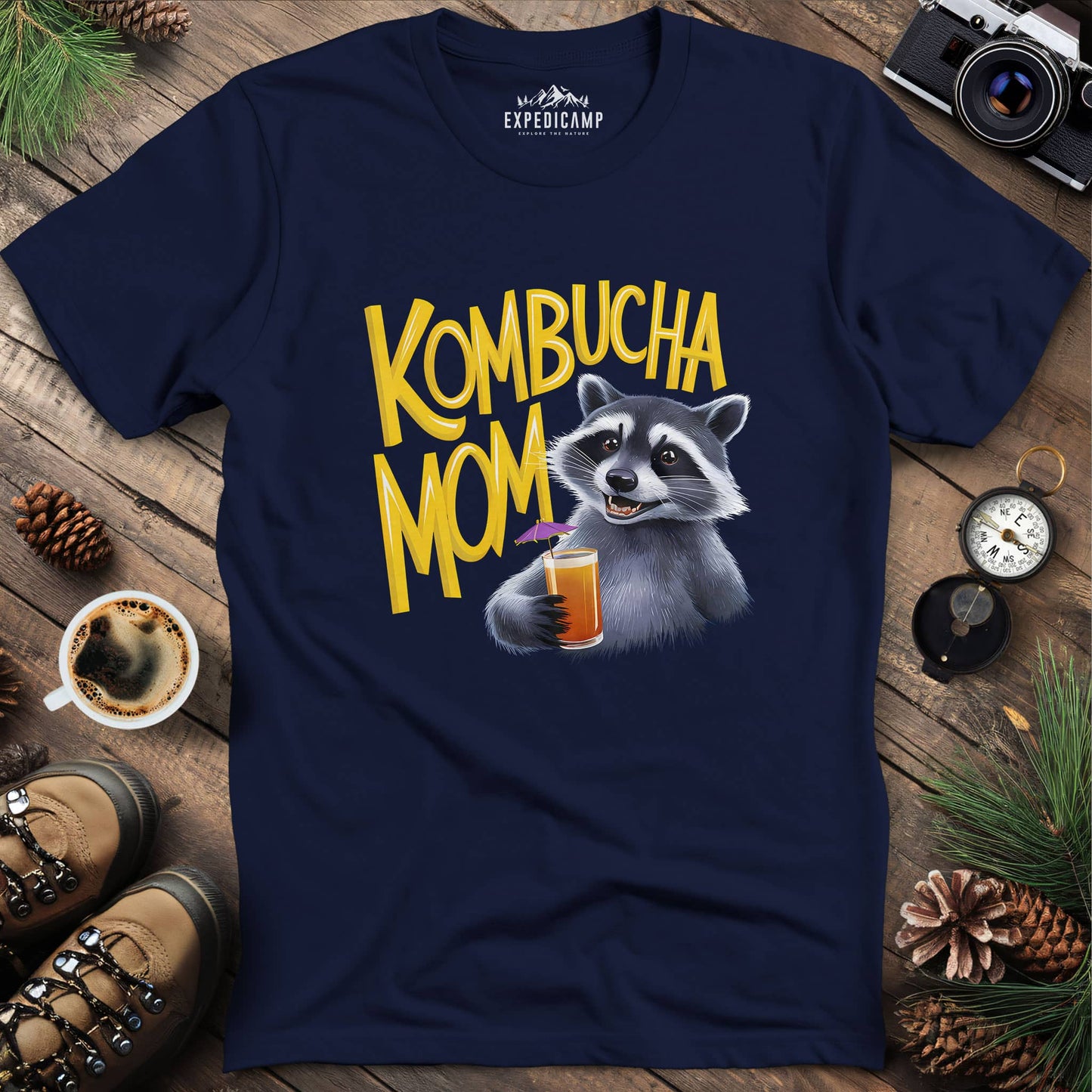 Funny Raccoon Kombucha Mom T-Shirt – Navy – Outdoor apparel for travel, hiking, camping, and nature lovers – ExpediCamp