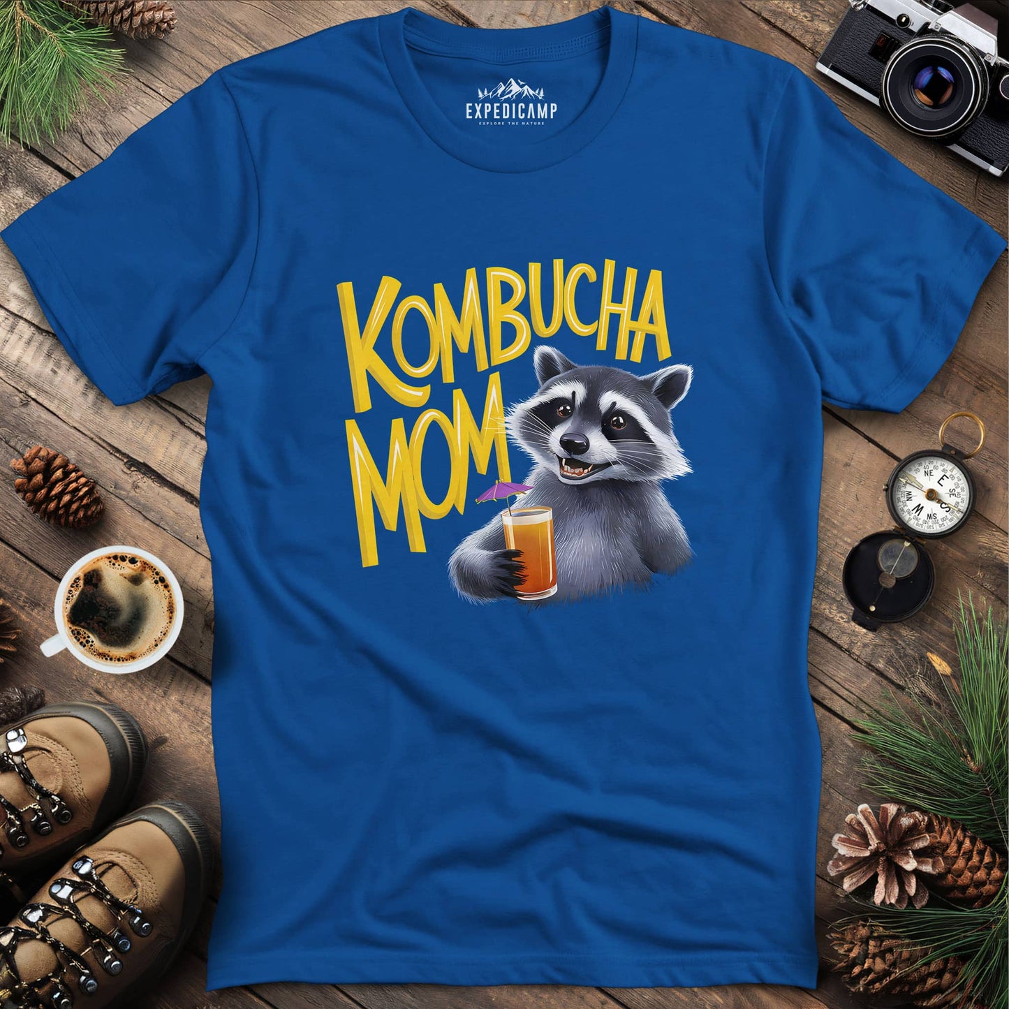 Funny Raccoon Kombucha Mom T-Shirt – Royal – Outdoor apparel for travel, hiking, camping, and nature lovers – ExpediCamp