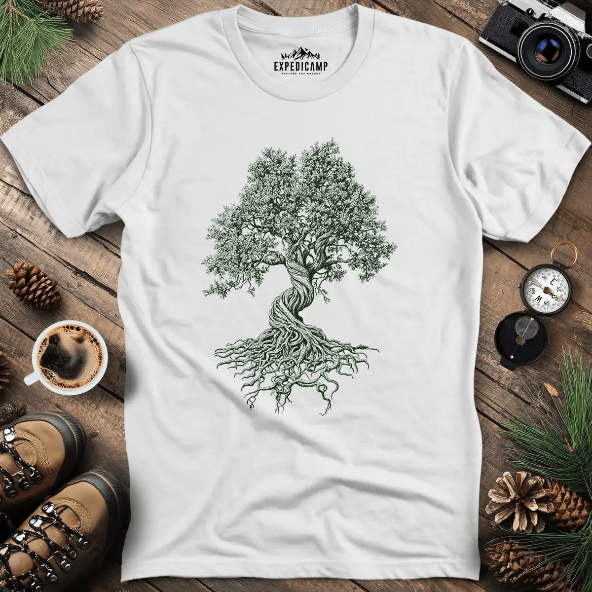 Gnarled Oak Tree T-Shirt – White – Outdoor apparel for travel, hiking, camping, and nature lovers – ExpediCamp