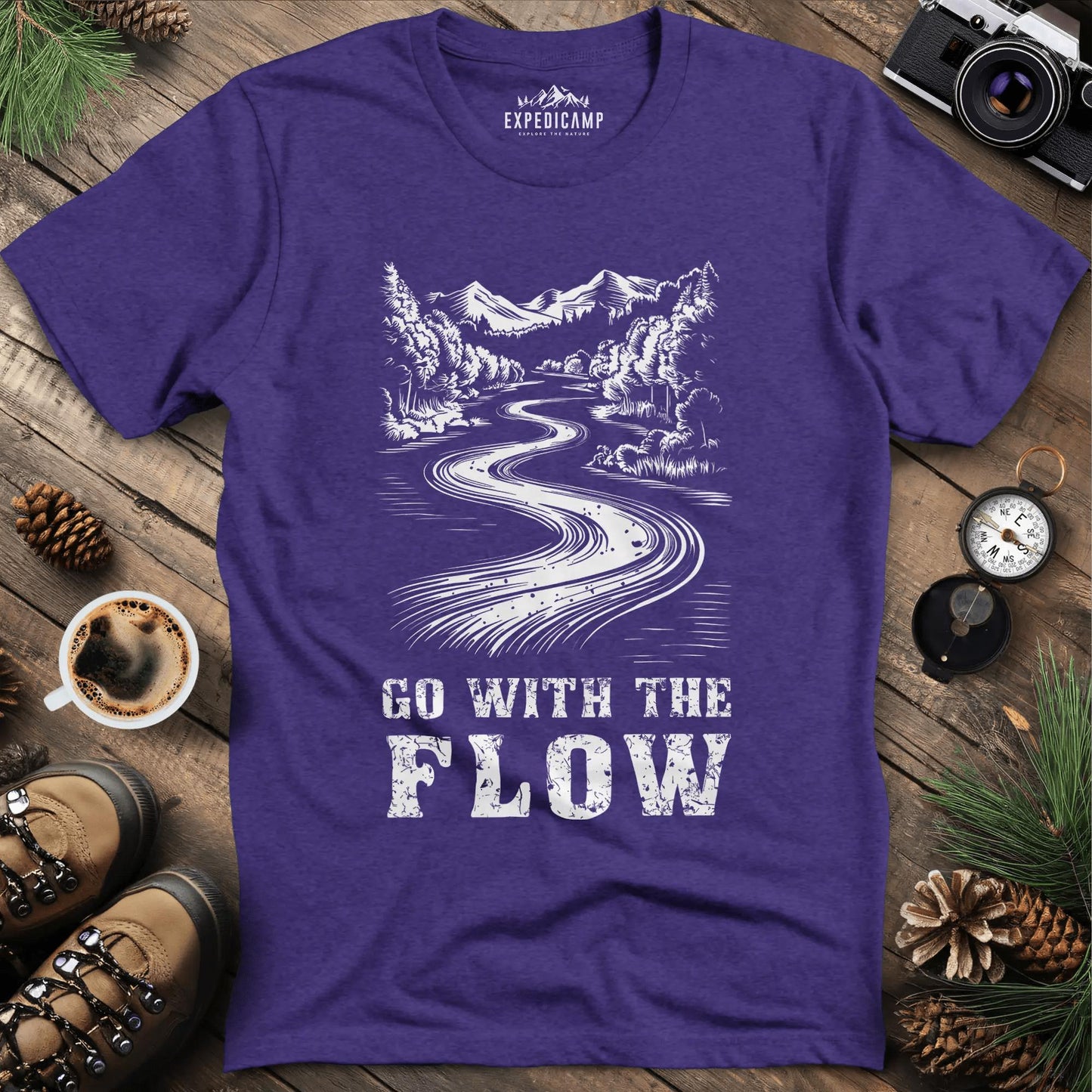 Go with the Flow T-Shirt – Heather Purple – Outdoor apparel for travel, hiking, camping, and nature lovers – ExpediCamp