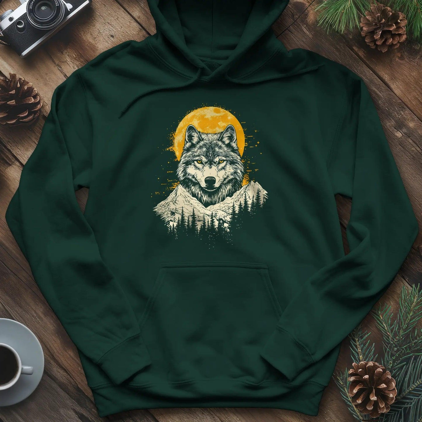 Golden Moon Wolf Hoodie – Forest Green – Outdoor apparel for travel, hiking, camping, and nature lovers – ExpediCamp