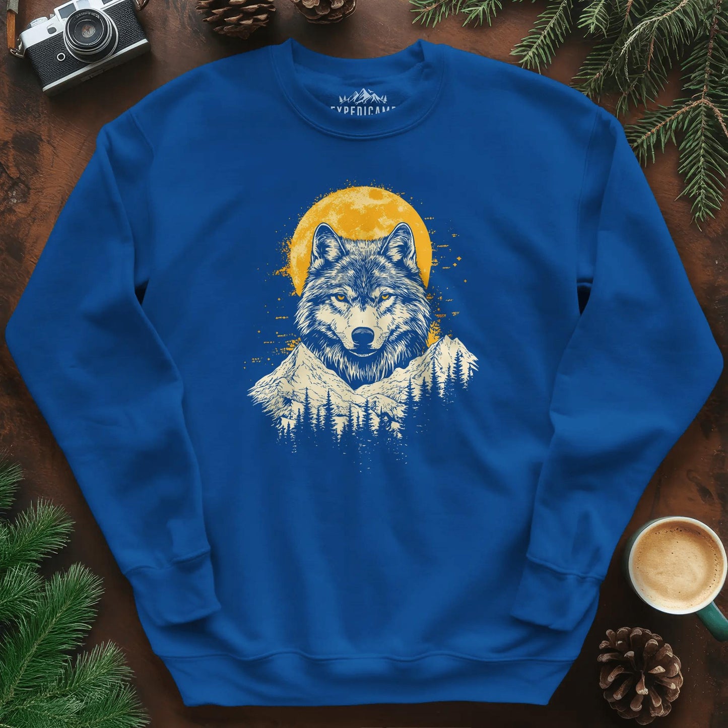 Golden Moon Wolf Sweatshirt – Royal – Outdoor apparel for travel, hiking, camping, and nature lovers – ExpediCamp