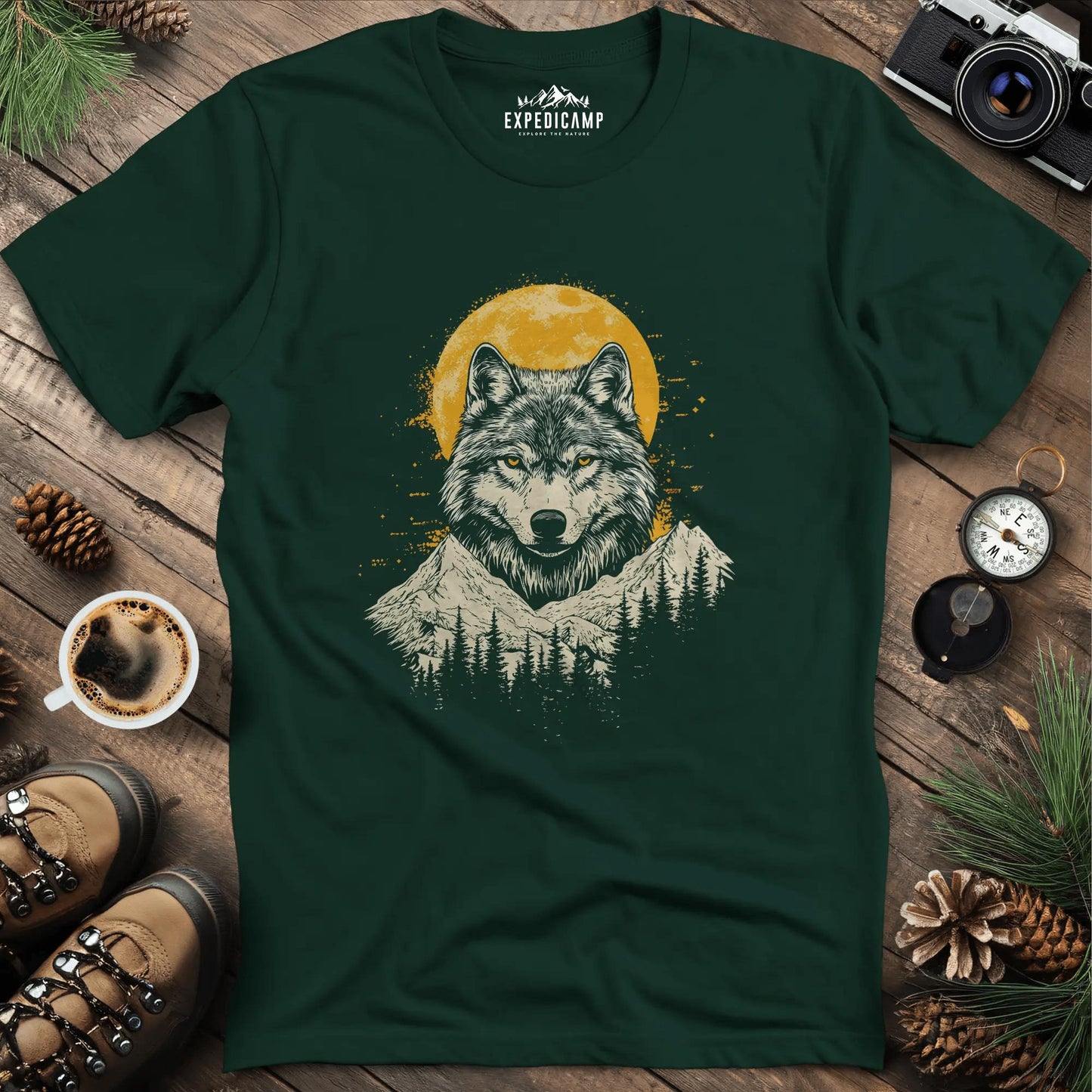 Golden Moon Wolf T-Shirt – Forest Green – Outdoor apparel for travel, hiking, camping, and nature lovers – ExpediCamp