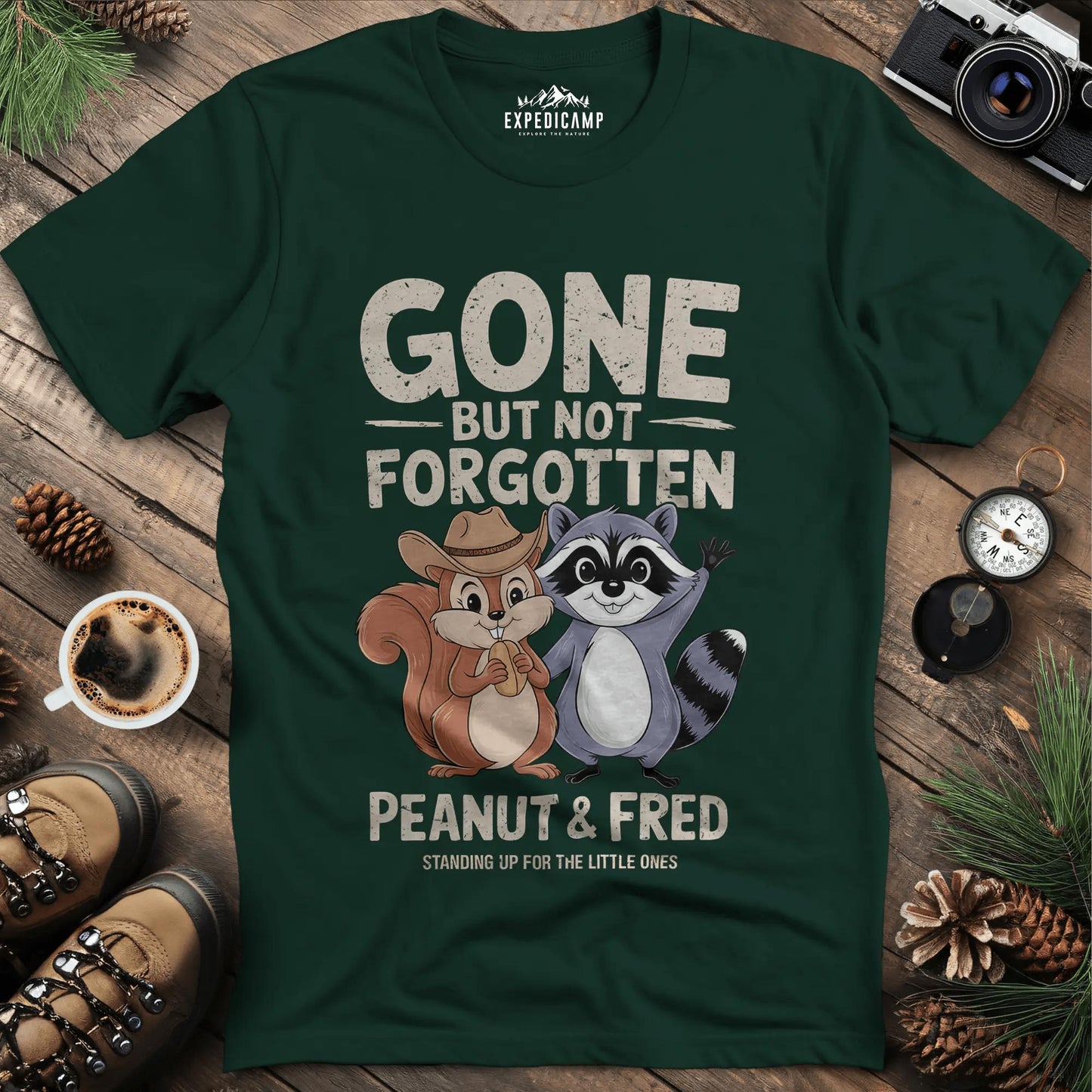 Gone but Not Forgotten T-Shirt - Tribute to Peanut and Fred – Forest Green – Outdoor apparel for travel, hiking, camping, and nature lovers – ExpediCamp