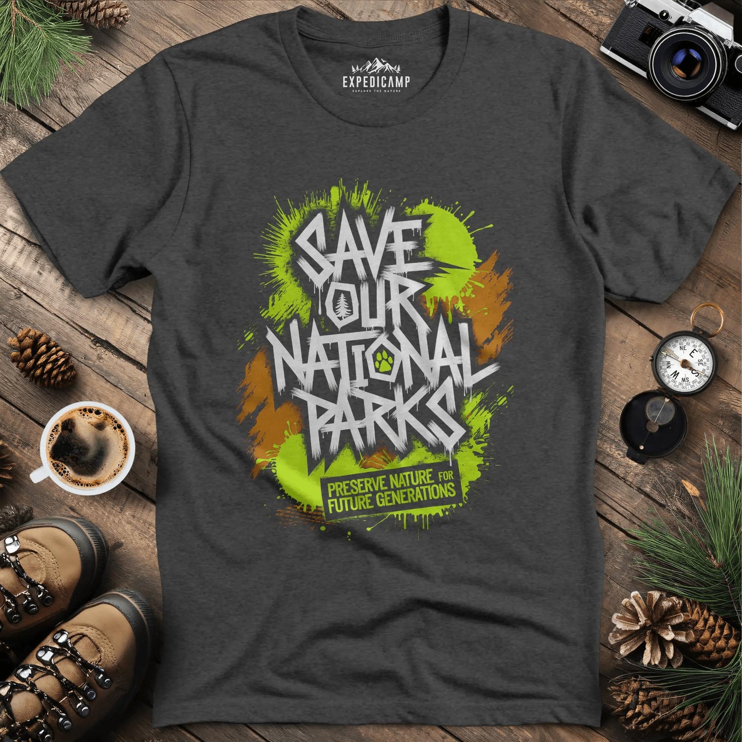 Graffiti Save Our National Parks T-Shirt – Dark Heather – Outdoor apparel for travel, hiking, camping, and nature lovers – ExpediCamp