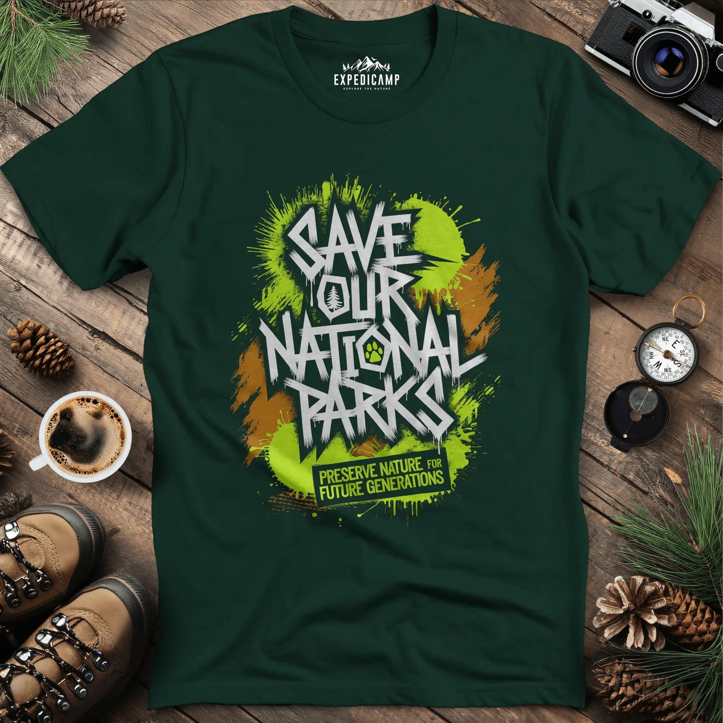 Graffiti Save Our National Parks T-Shirt – Forest Green – Outdoor apparel for travel, hiking, camping, and nature lovers – ExpediCamp