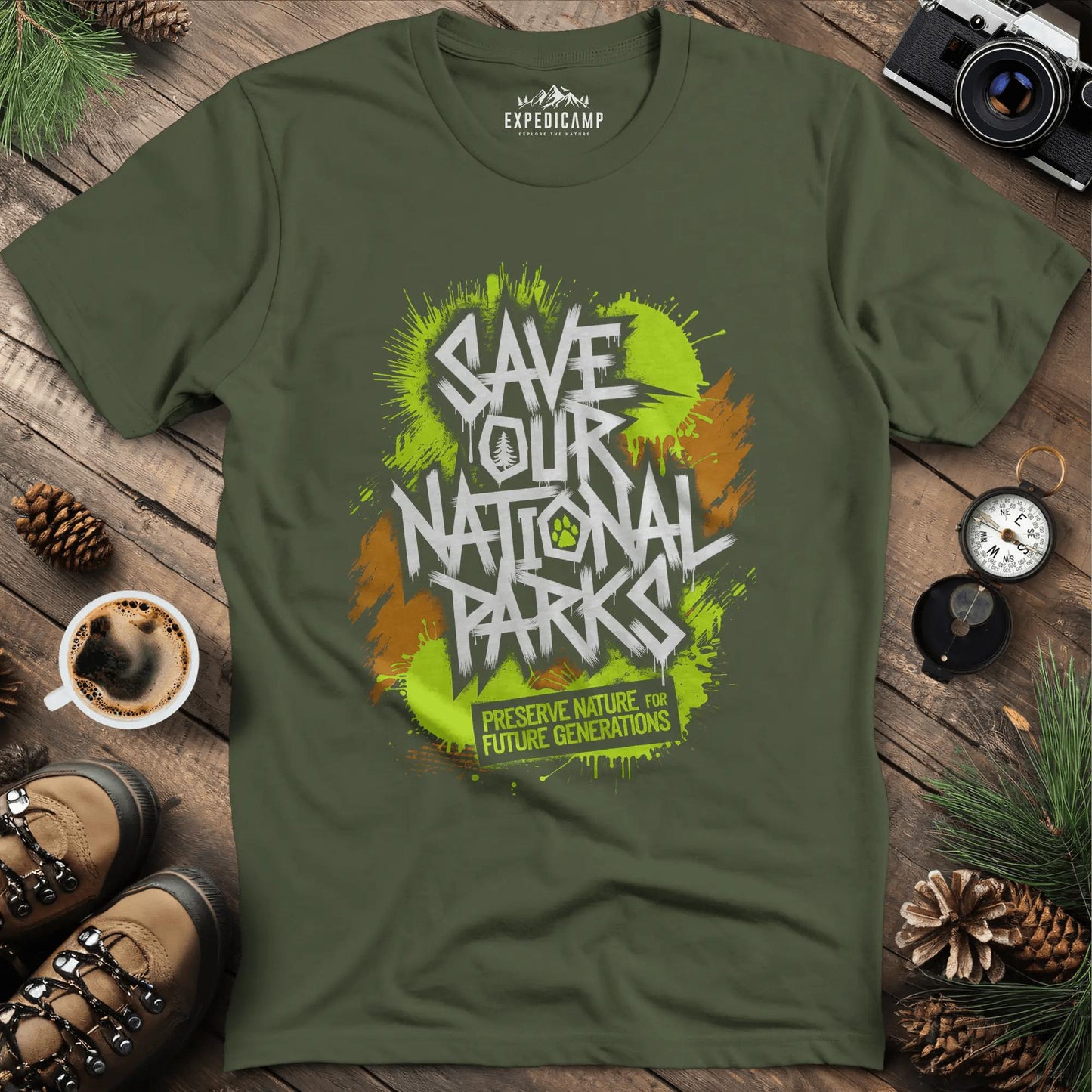 Graffiti Save Our National Parks T-Shirt – Military Green – Outdoor apparel for travel, hiking, camping, and nature lovers – ExpediCamp