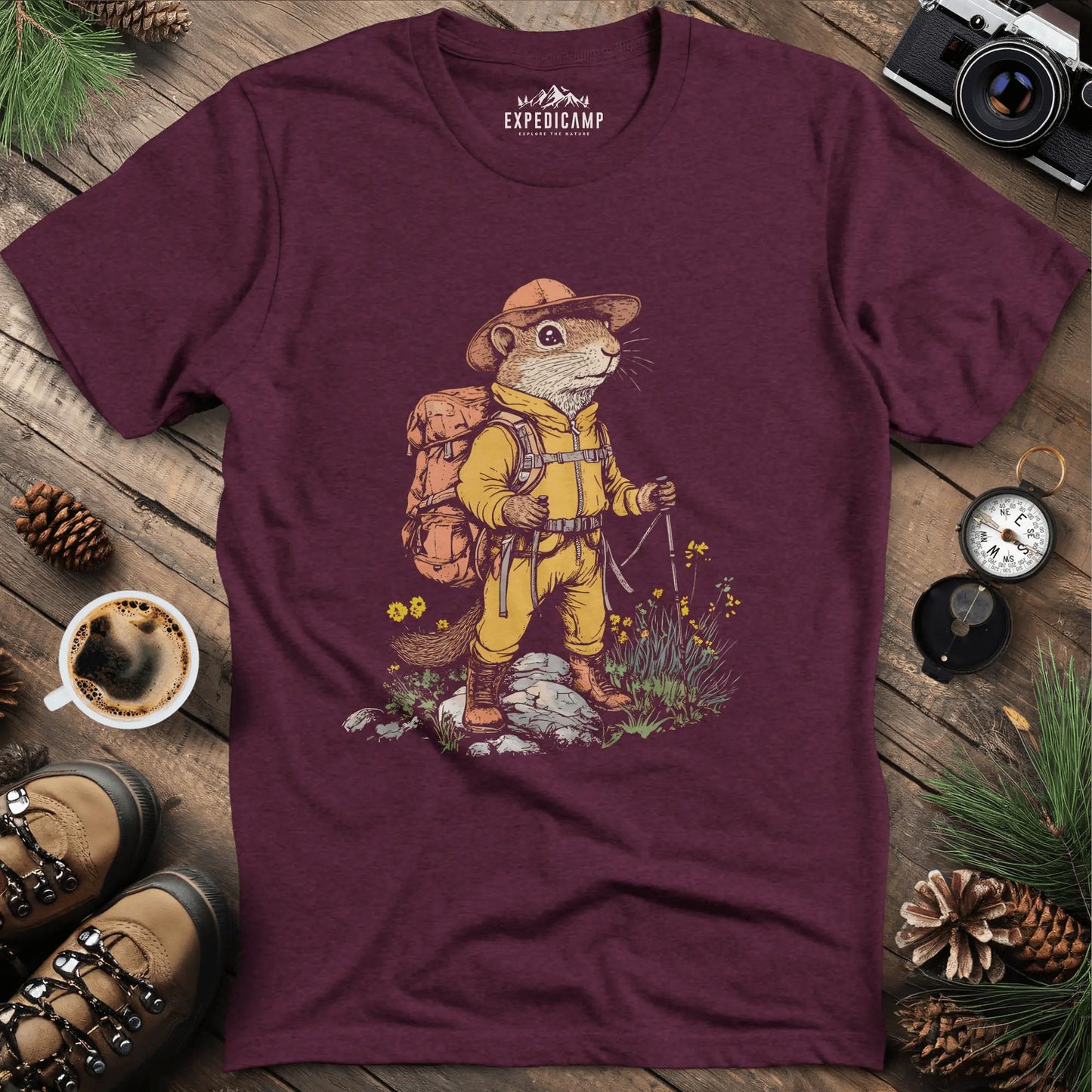 Ground Squirrel Hiker T-Shirt – Small But Mighty Adventurer – Heather Maroon – Outdoor apparel for travel, hiking, camping, and nature lovers – ExpediCamp