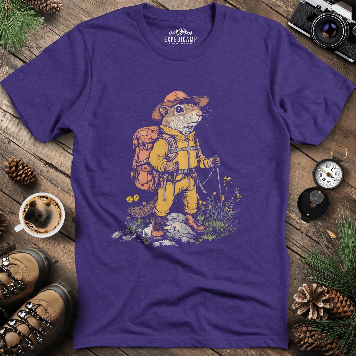 Ground Squirrel Hiker T-Shirt – Small But Mighty Adventurer – Heather Purple – Outdoor apparel for travel, hiking, camping, and nature lovers – ExpediCamp