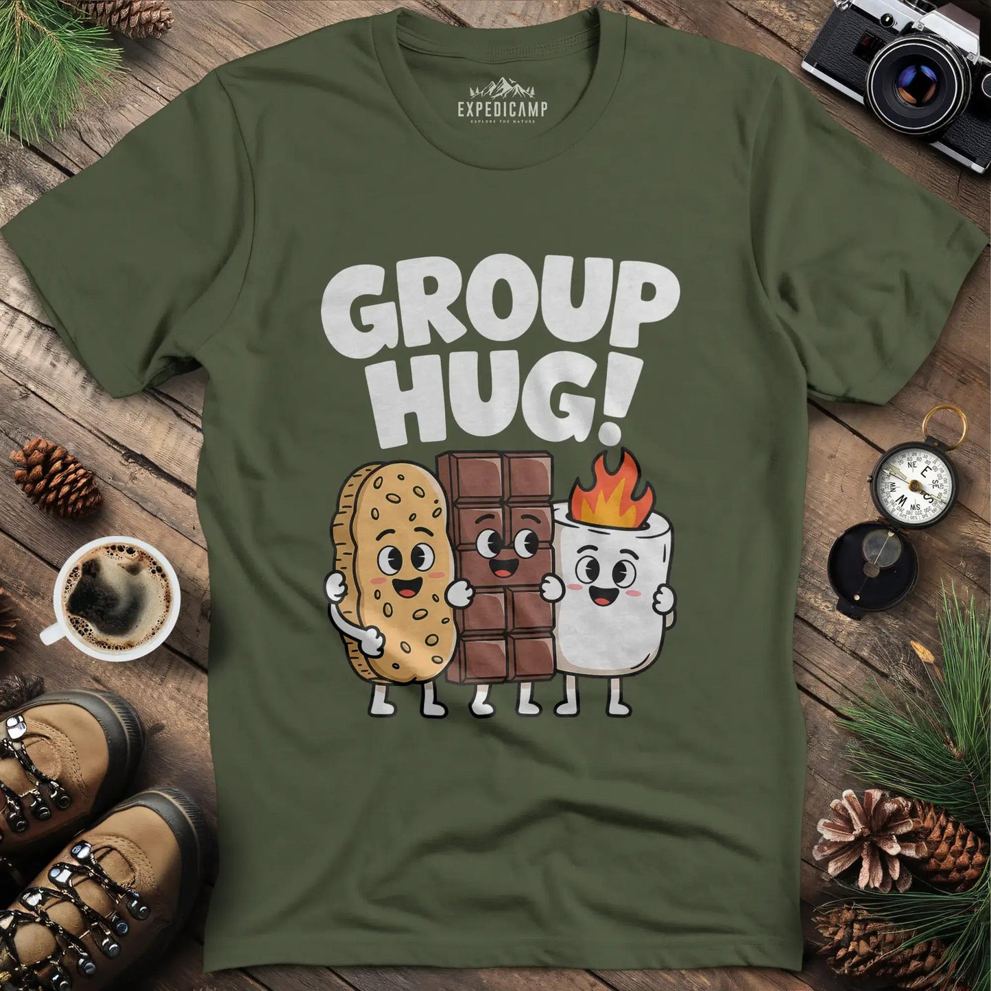 Group Hug Camping T-Shirt – Military Green – Outdoor apparel for travel, hiking, camping, and nature lovers – ExpediCamp