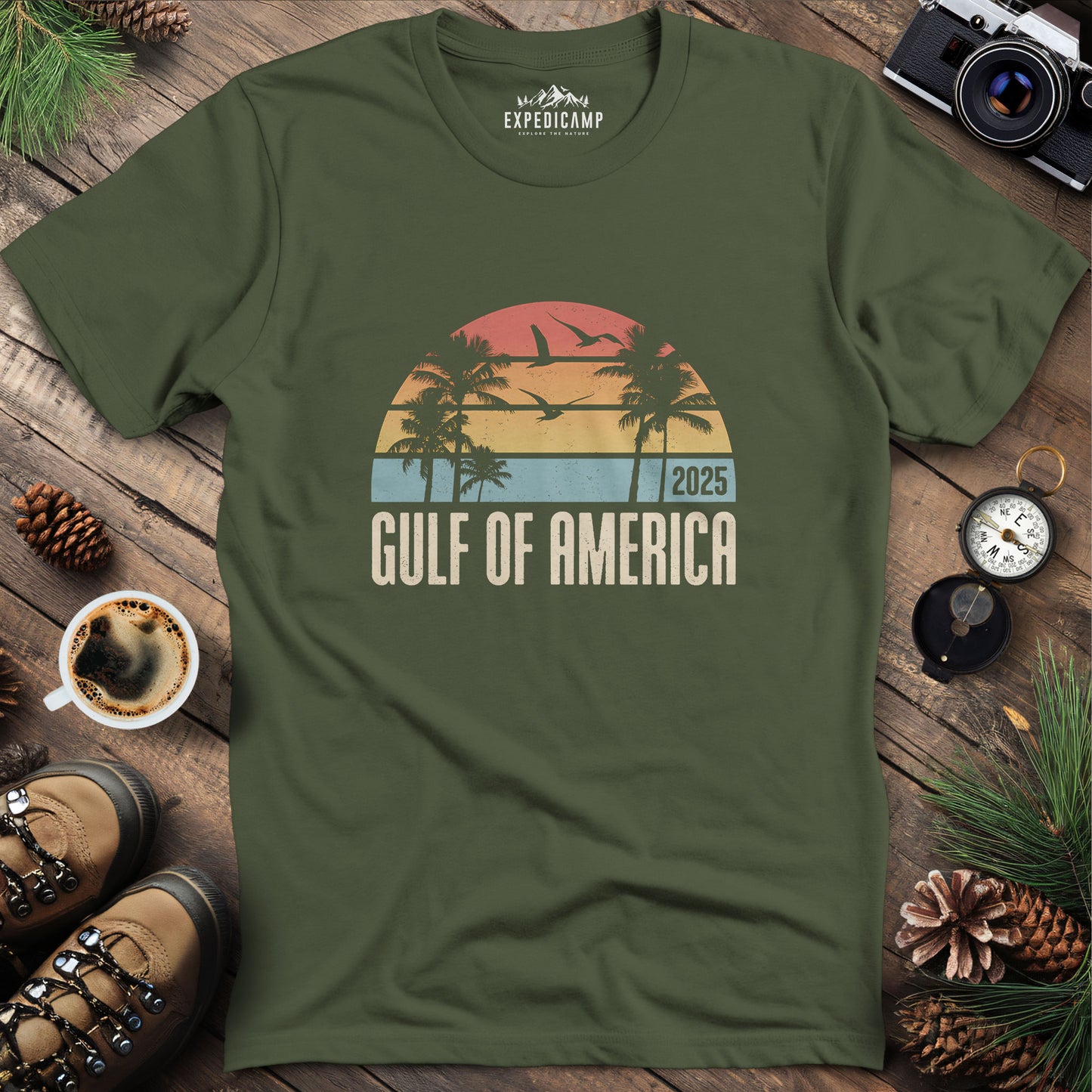 Gulf of America 2025 Retro Sunset T-Shirt – Military Green – Outdoor apparel for travel, hiking, camping, and nature lovers – ExpediCamp