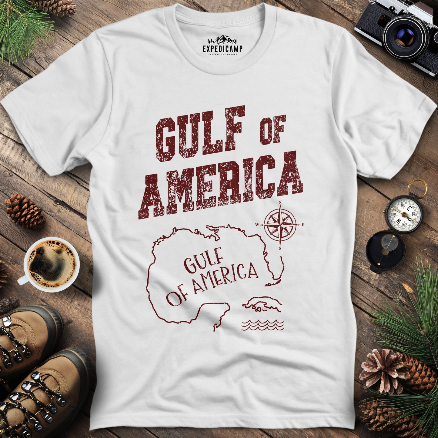 Gulf of America Map T-Shirt – White – Outdoor apparel for travel, hiking, camping, and nature lovers – ExpediCamp