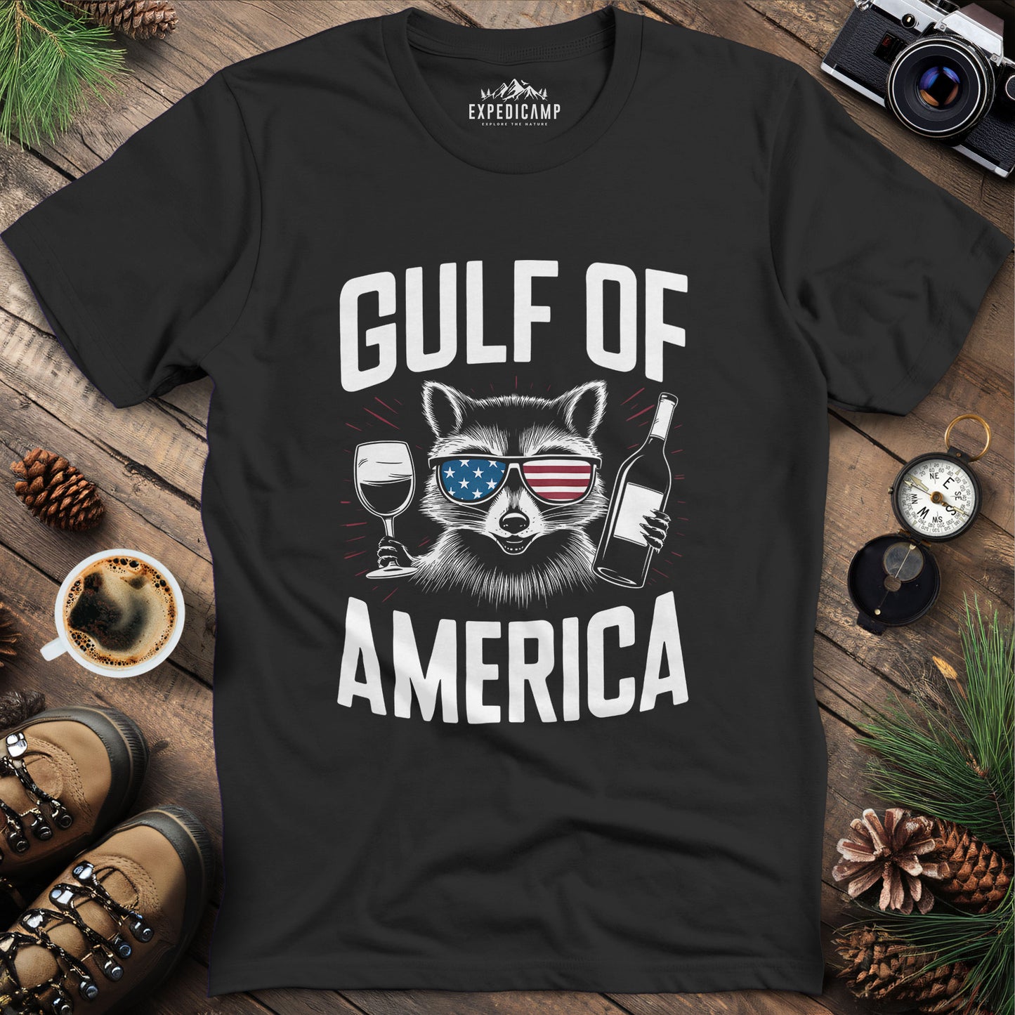 Gulf of America Party Raccoon T-Shirt – Black – Outdoor apparel for travel, hiking, camping, and nature lovers – ExpediCamp