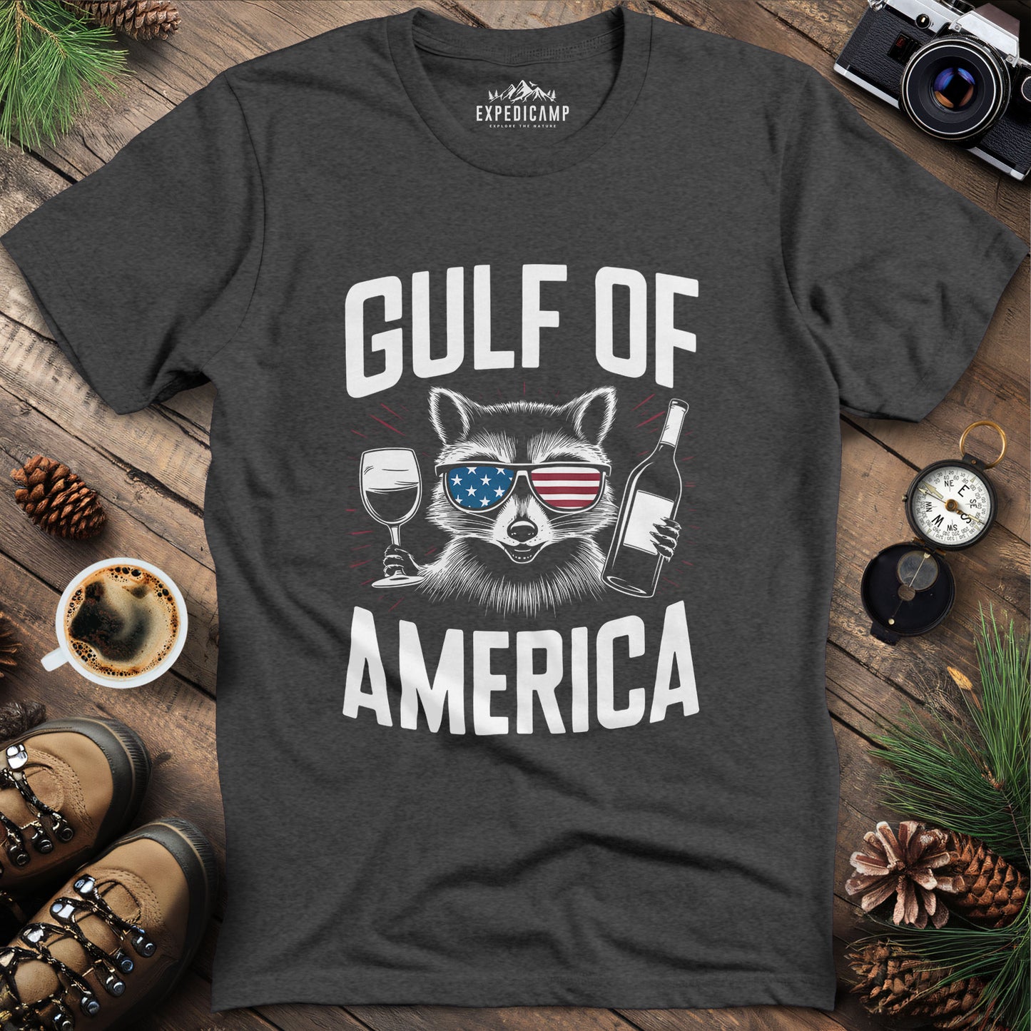 Gulf of America Party Raccoon T-Shirt – Dark Heather – Outdoor apparel for travel, hiking, camping, and nature lovers – ExpediCamp