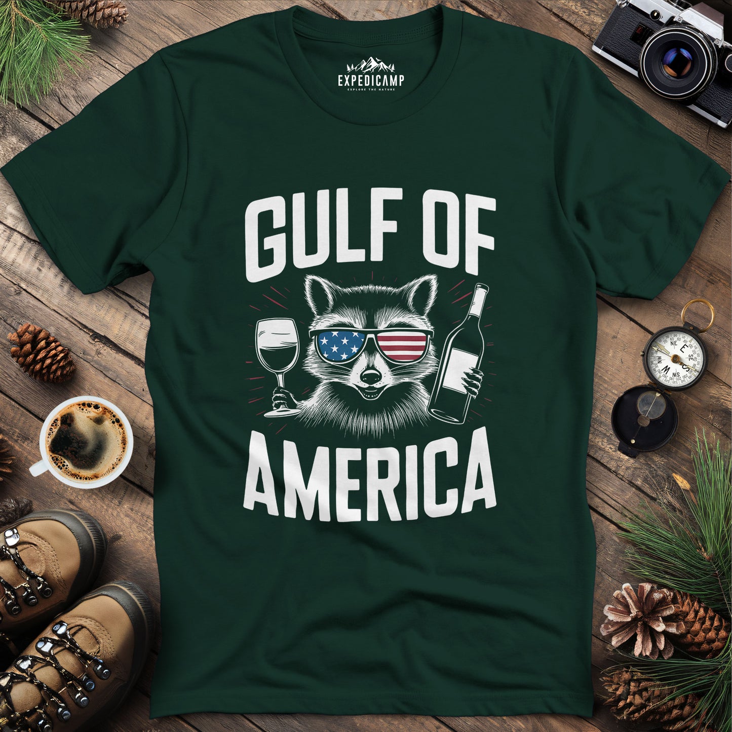 Gulf of America Party Raccoon T-Shirt – Forest Green – Outdoor apparel for travel, hiking, camping, and nature lovers – ExpediCamp