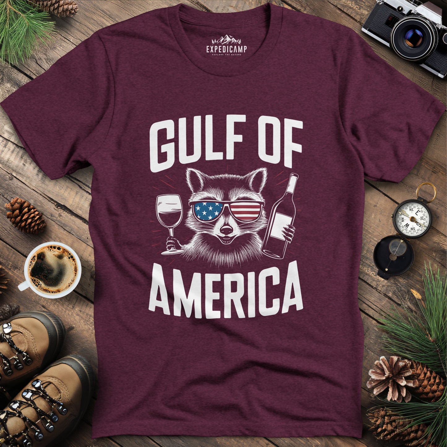 Gulf of America Party Raccoon T-Shirt – Heather Maroon – Outdoor apparel for travel, hiking, camping, and nature lovers – ExpediCamp