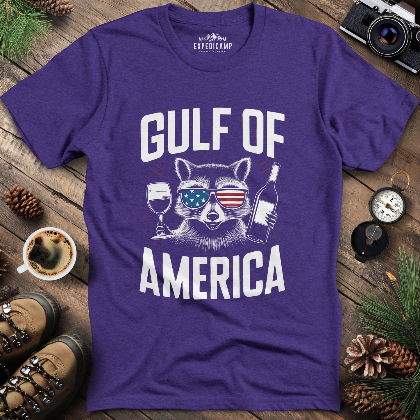 Gulf of America Party Raccoon T-Shirt – Heather Purple – Outdoor apparel for travel, hiking, camping, and nature lovers – ExpediCamp