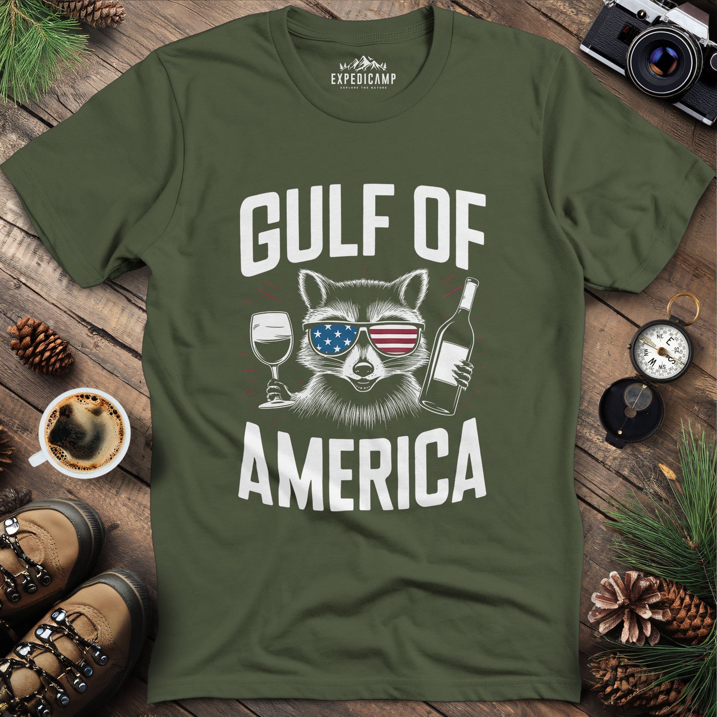 Gulf of America Party Raccoon T-Shirt – Military Green – Outdoor apparel for travel, hiking, camping, and nature lovers – ExpediCamp