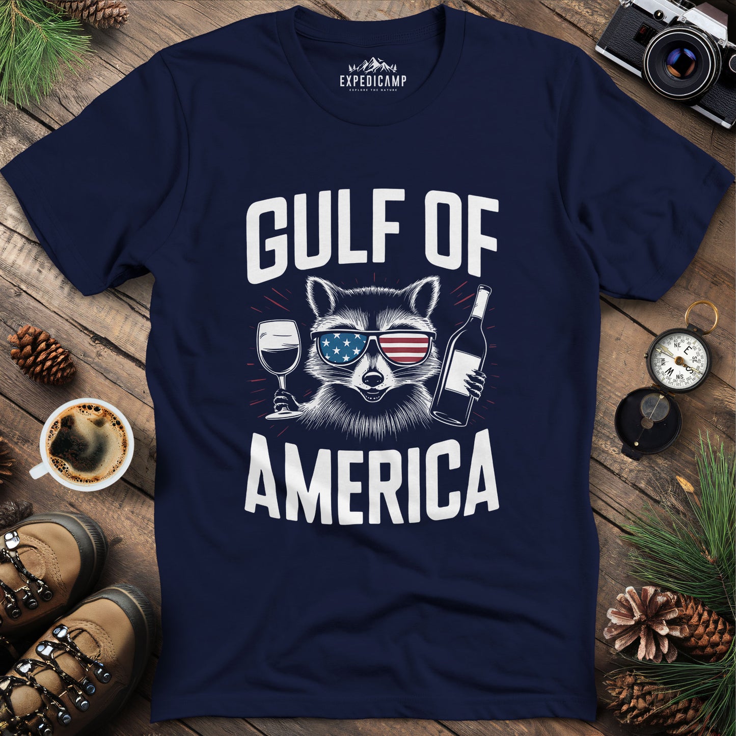 Gulf of America Party Raccoon T-Shirt – Navy – Outdoor apparel for travel, hiking, camping, and nature lovers – ExpediCamp