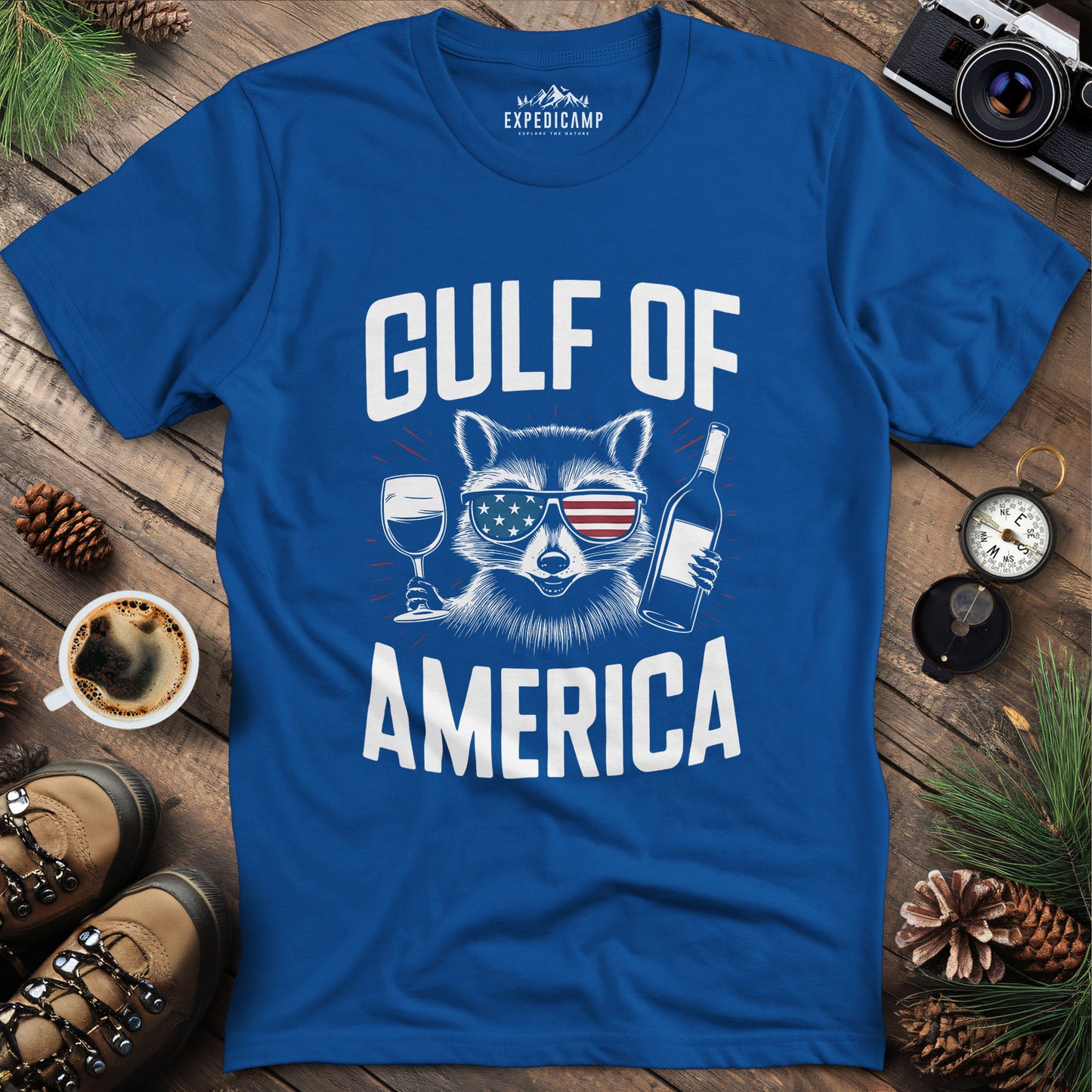 Gulf of America Party Raccoon T-Shirt – Royal – Outdoor apparel for travel, hiking, camping, and nature lovers – ExpediCamp
