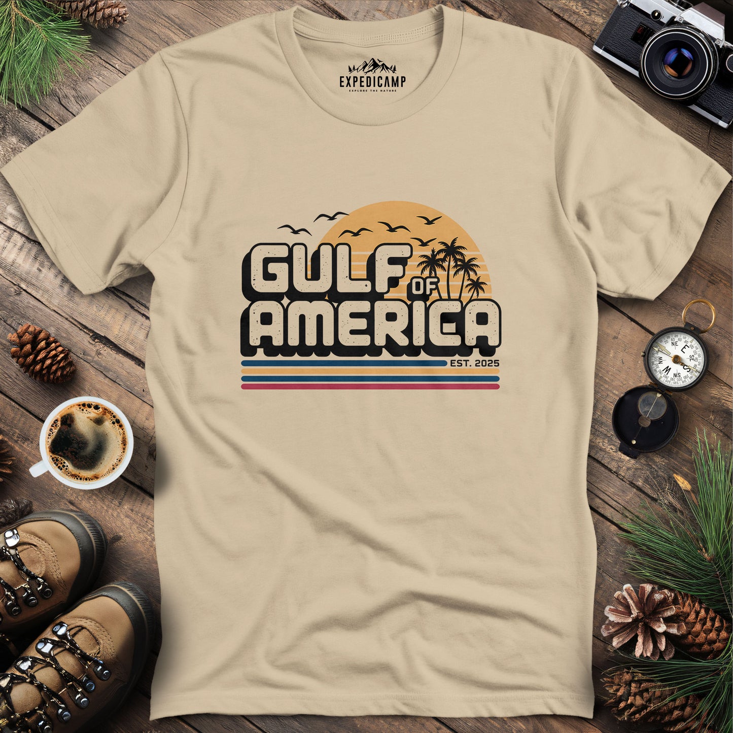 Gulf of America Retro Sunset T-Shirt – Sand – Outdoor apparel for travel, hiking, camping, and nature lovers – ExpediCamp