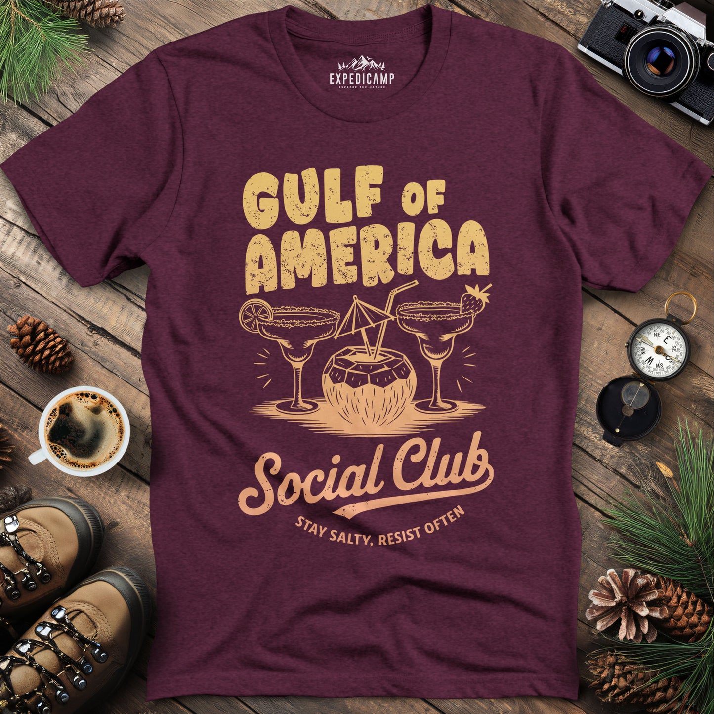 Gulf of America Social Club T-Shirt – Heather Maroon – Outdoor apparel for travel, hiking, camping, and nature lovers – ExpediCamp