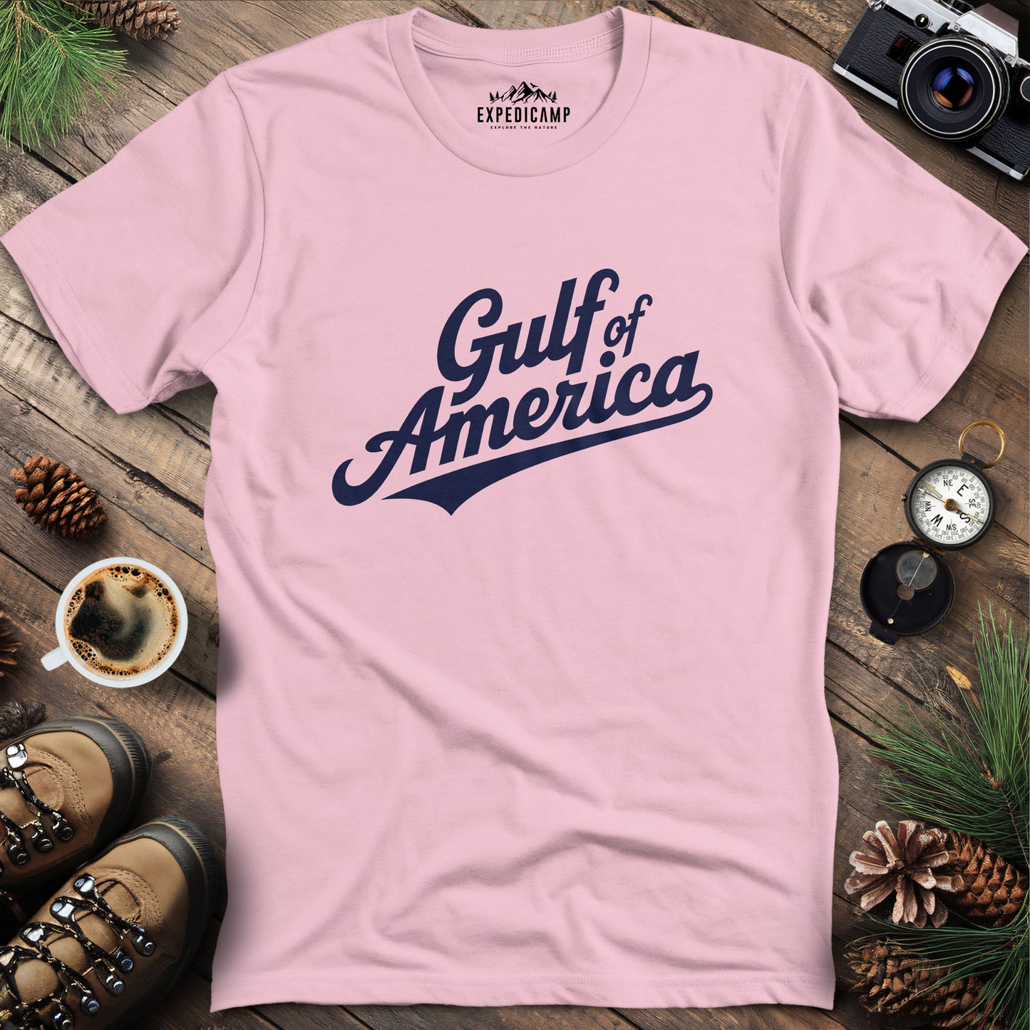 Gulf of America Vintage Script T-Shirt – Light Pink – Outdoor apparel for travel, hiking, camping, and nature lovers – ExpediCamp