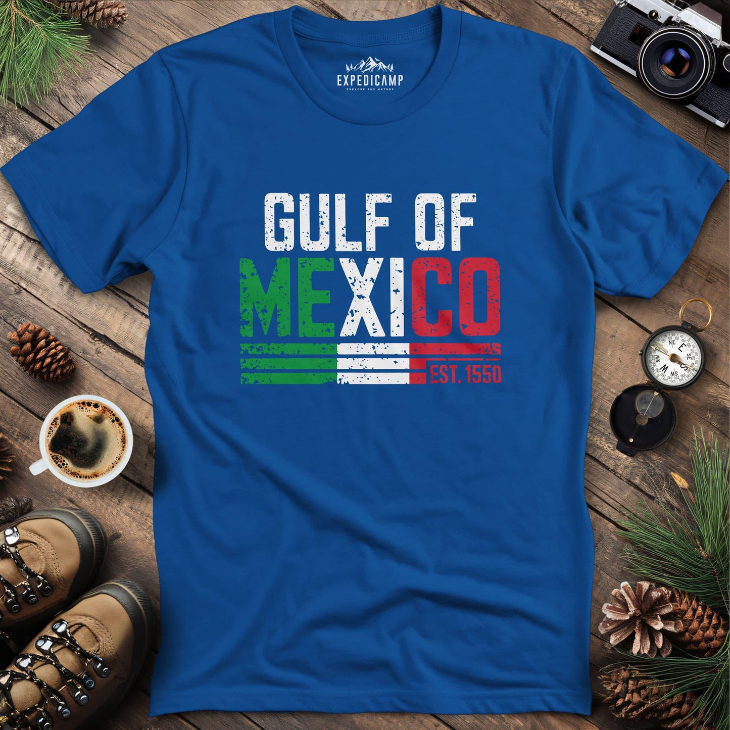 Gulf of Mexico Est. 1550 Flag T-Shirt – Royal – Outdoor apparel for travel, hiking, camping, and nature lovers – ExpediCamp