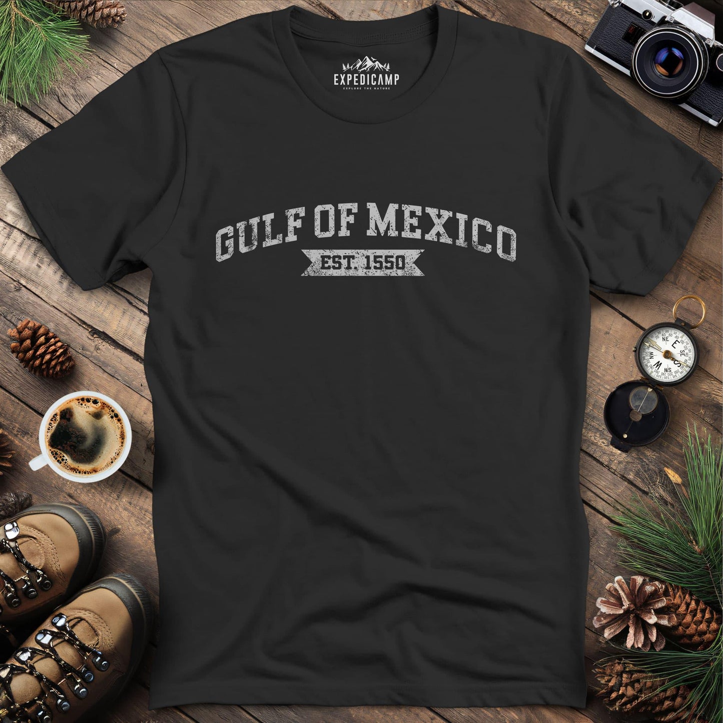 Gulf of Mexico Est. 1550 T-Shirt – Black – Outdoor apparel for travel, hiking, camping, and nature lovers – ExpediCamp