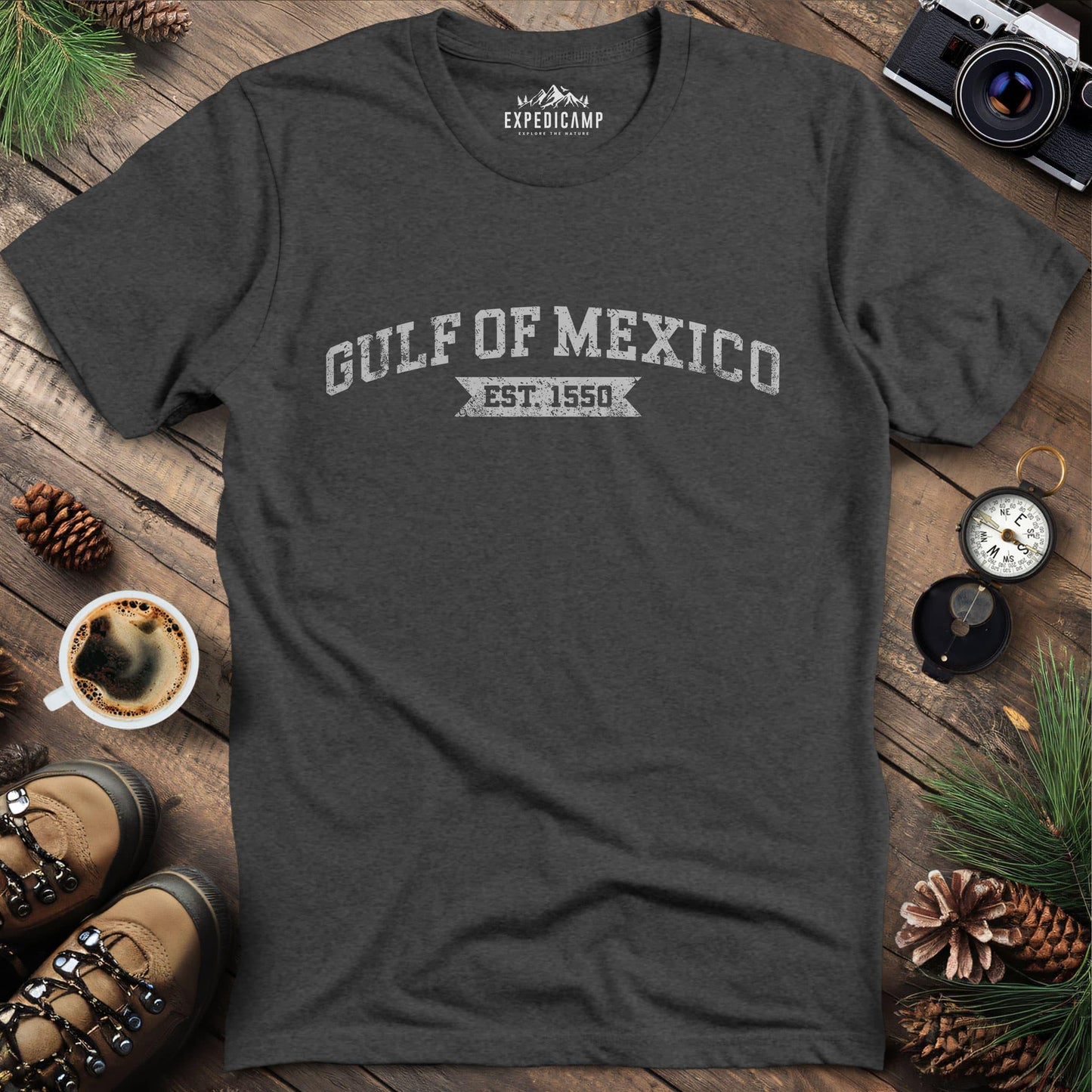 Gulf of Mexico Est. 1550 T-Shirt – Dark Heather – Outdoor apparel for travel, hiking, camping, and nature lovers – ExpediCamp