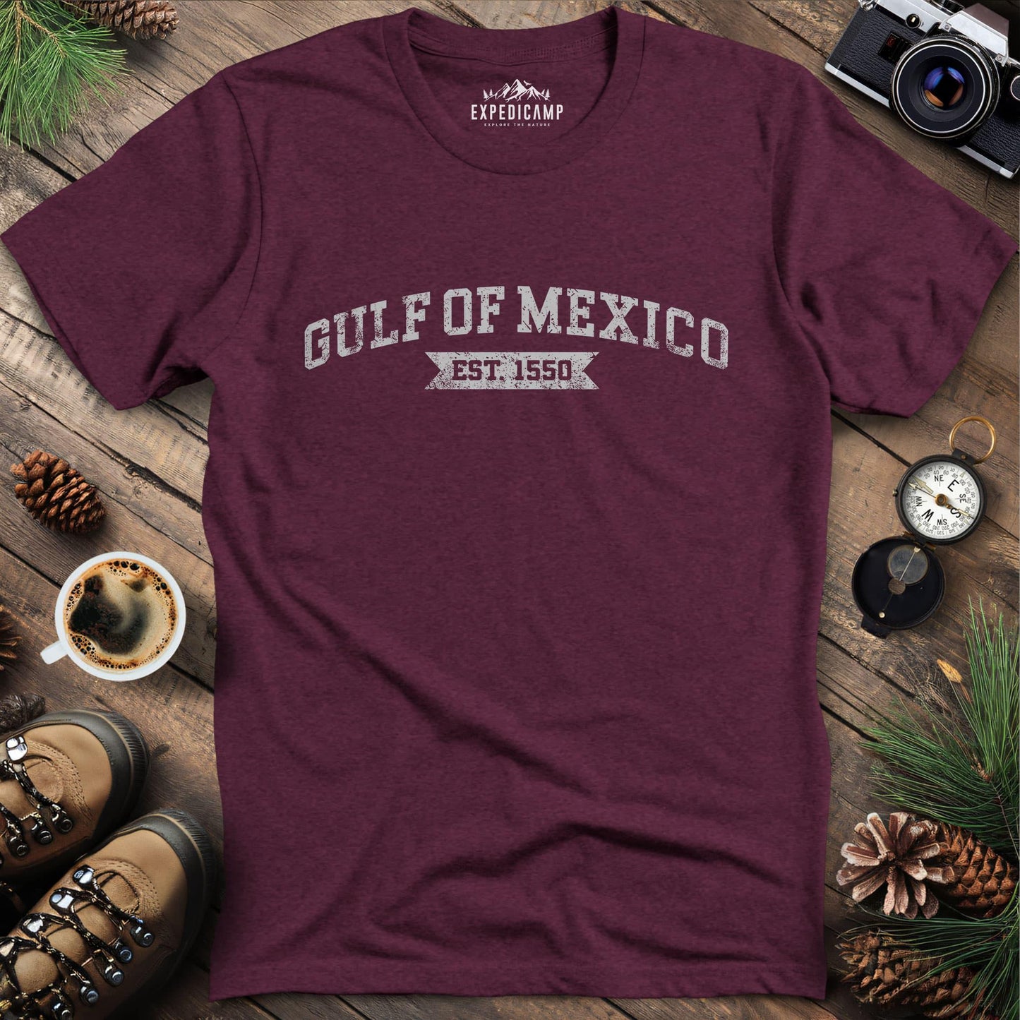 Gulf of Mexico Est. 1550 T-Shirt – Heather Maroon – Outdoor apparel for travel, hiking, camping, and nature lovers – ExpediCamp