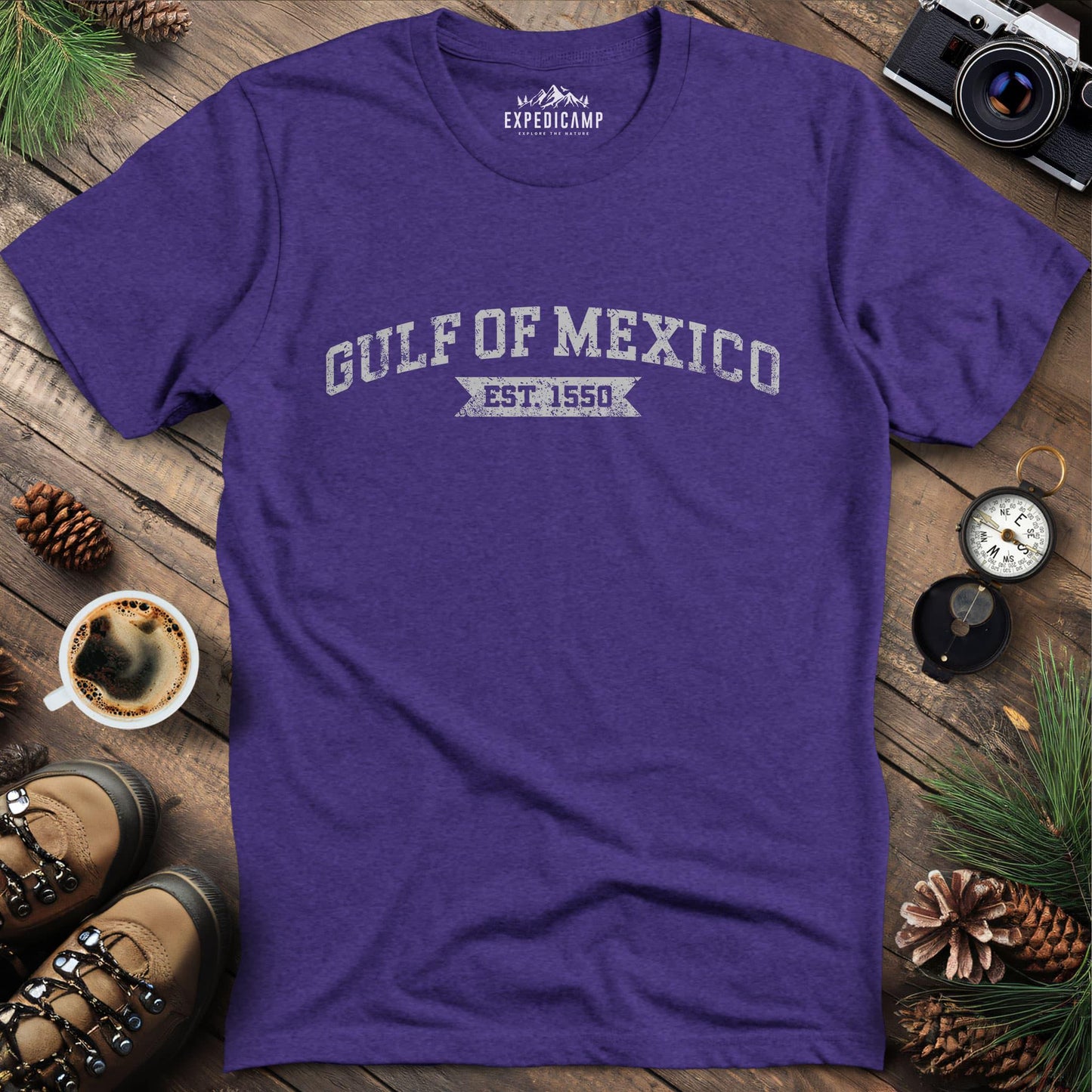 Gulf of Mexico Est. 1550 T-Shirt – Heather Purple – Outdoor apparel for travel, hiking, camping, and nature lovers – ExpediCamp